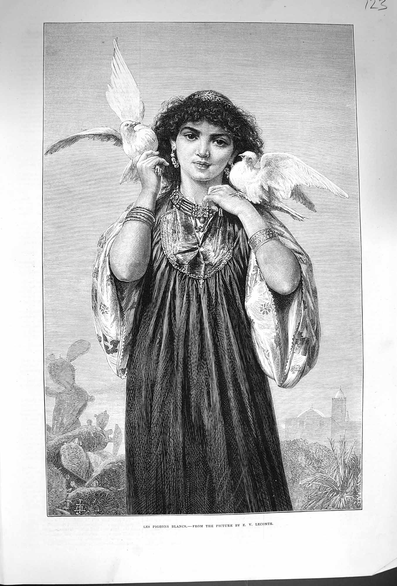 Original Old Antique Print 1874 Le Pigeons Blancs Beautiful Girl Birds Lecomte