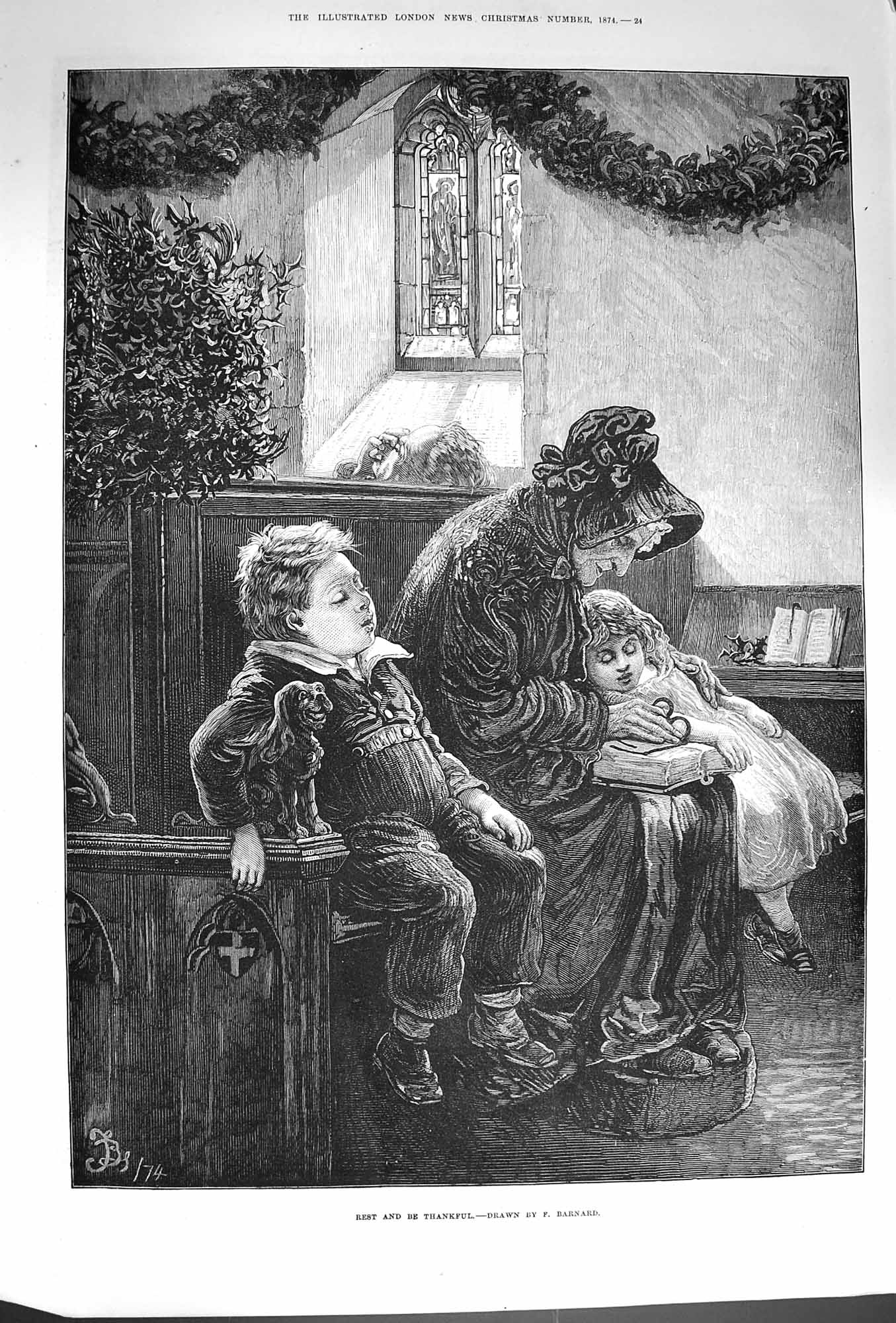 Original Old Antique Print 1874 Rest And Be Thankful Children Lady Church 19th