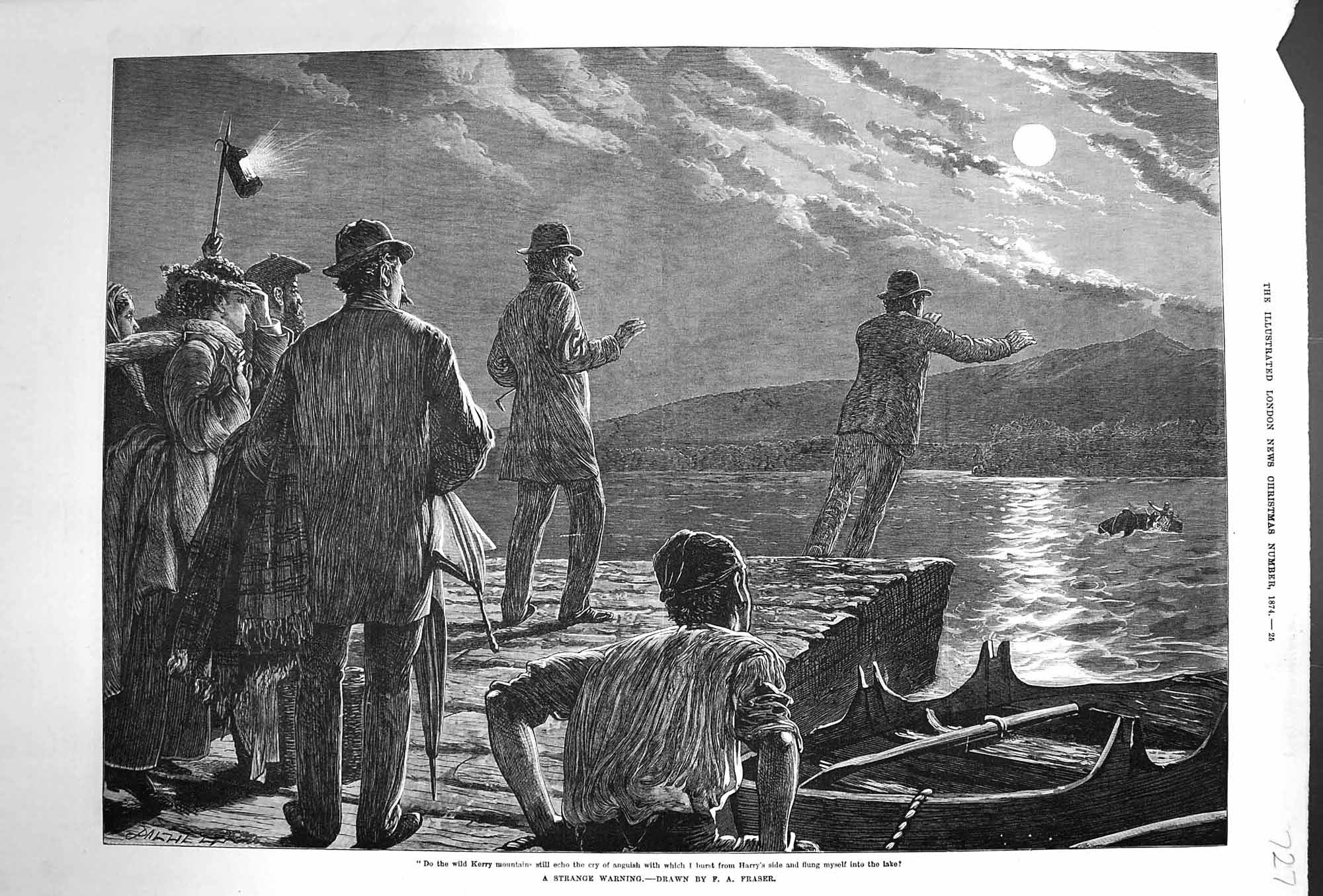 Old Antique Print 1874 Kerry Mountains Lake Boat Moonlight Ireland Fraser 19th