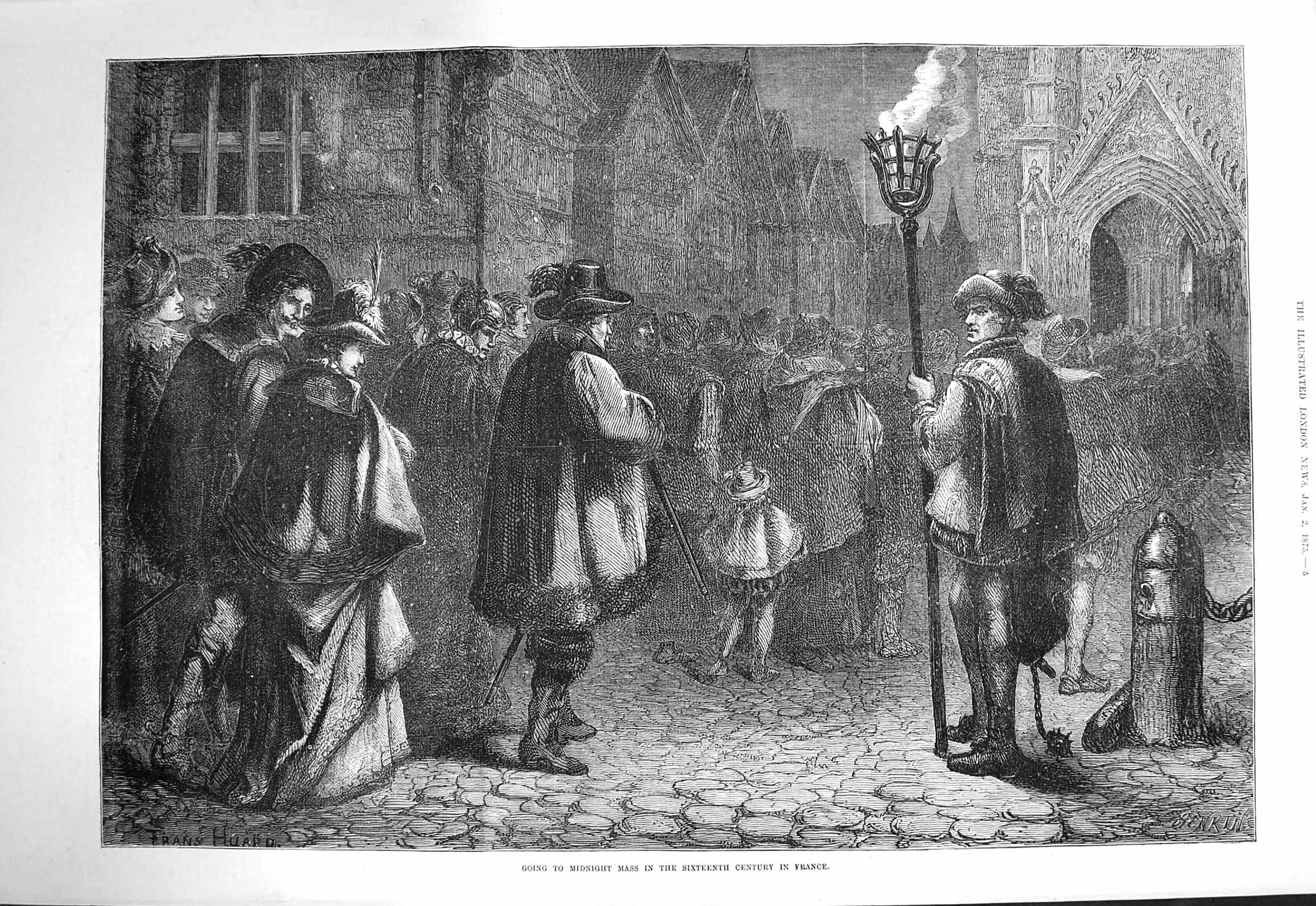 Original Old Antique Print 1875 Scene Midnight Mass Sixteenth Century France