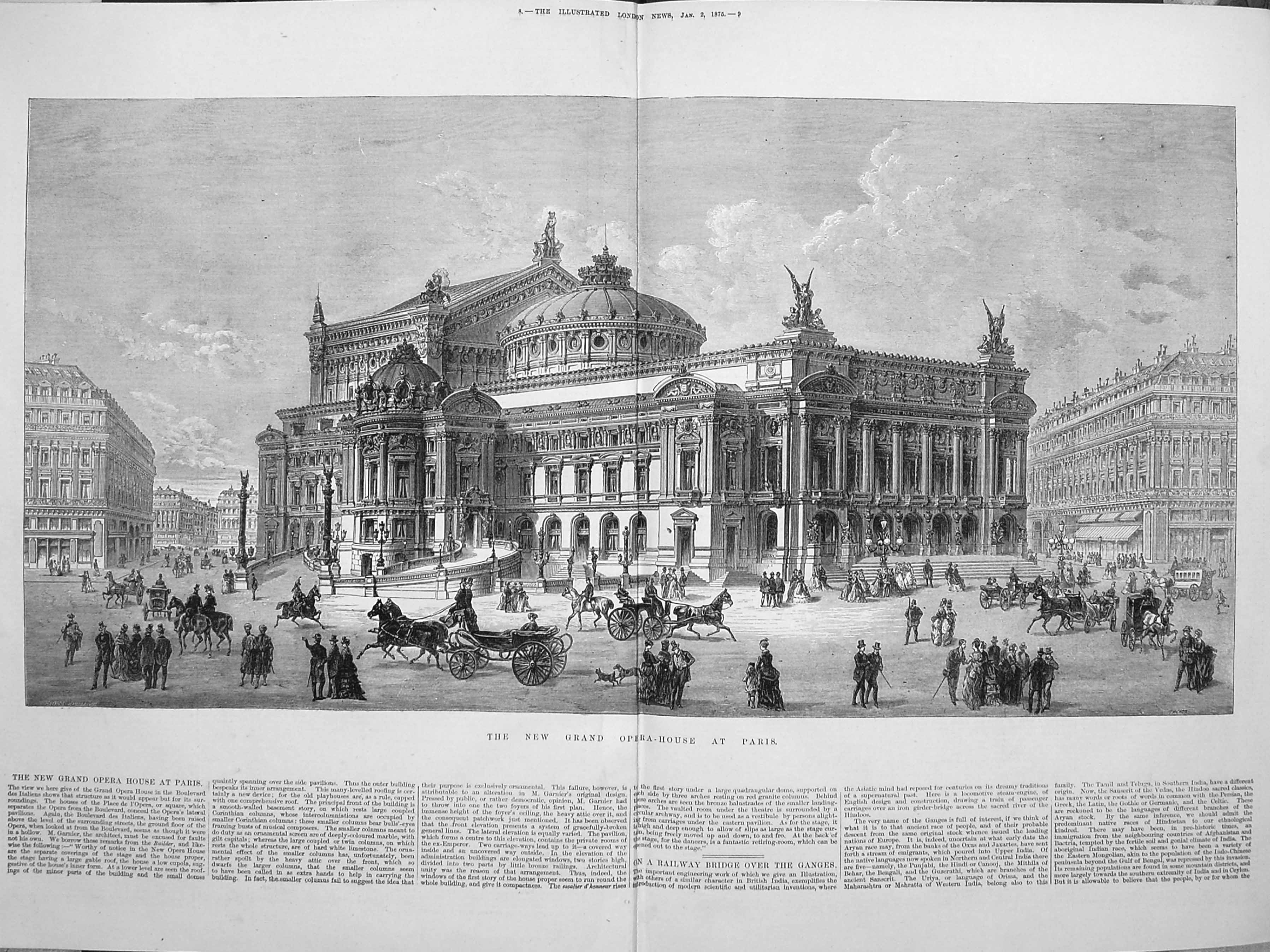 Original Old Antique Print 1875 Exterior Grand Opera House Paris Archi Victorian
