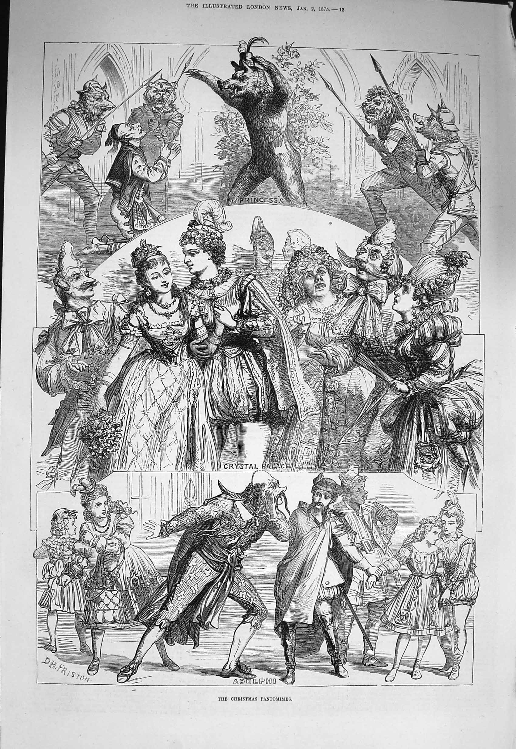 Original Old Antique Print 1875 Christmas Pantomimes Theatre Adelphi Princess
