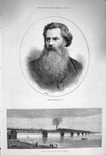 Original Old Antique Print 1875 Portrait Thomas Woolner Railway Bridge Rajghaut
