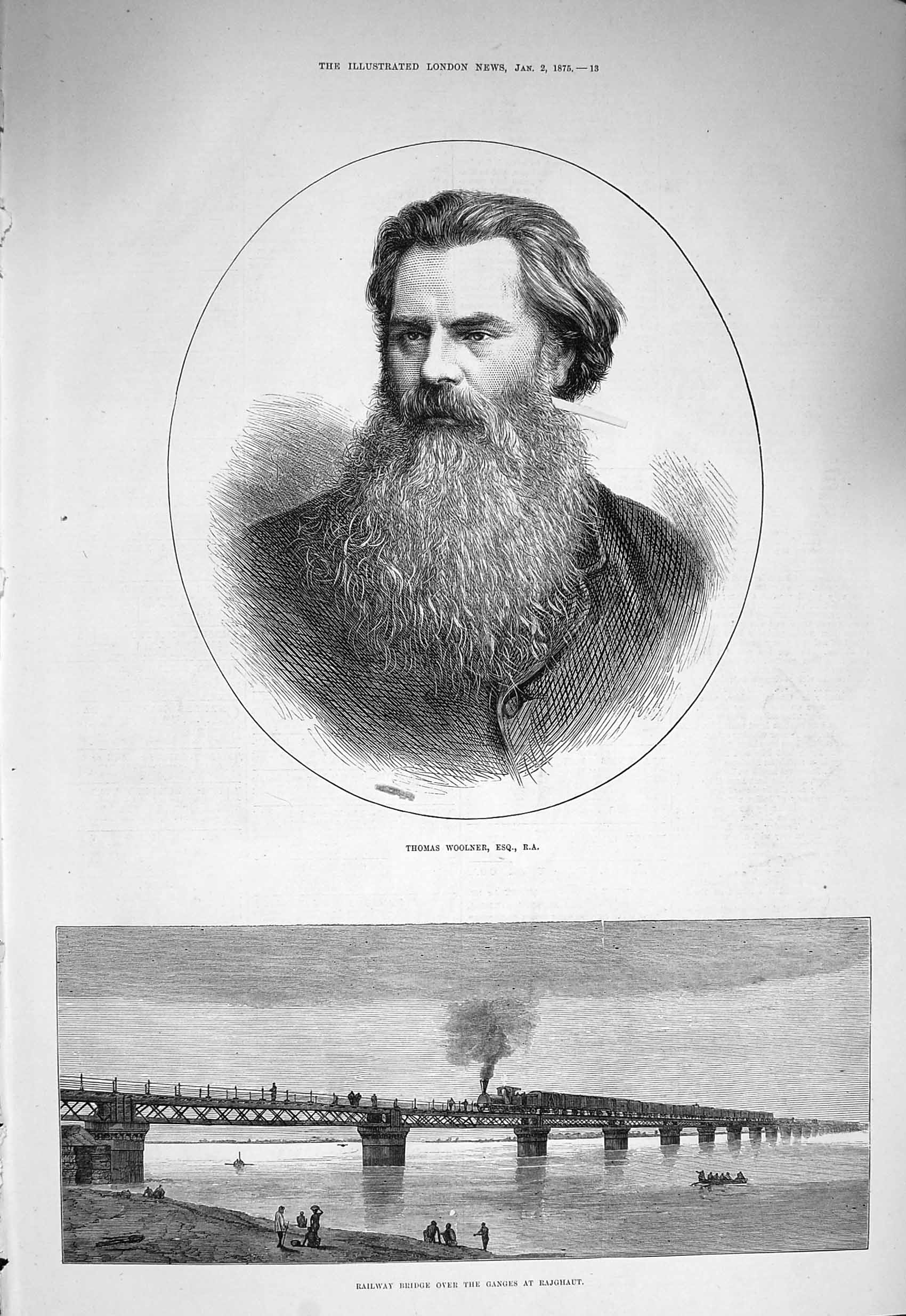 Original Old Antique Print 1875 Portrait Thomas Woolner Railway Bridge Rajghaut