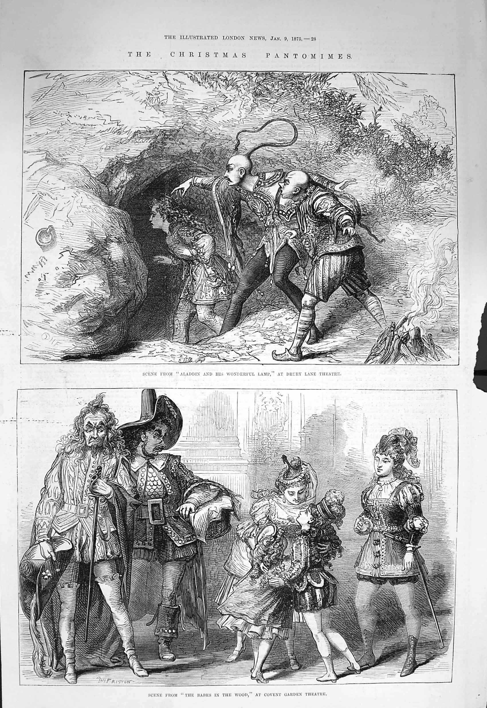 Original Old Antique Print 1875 Christmas Pantomimes Drury Lan Theatre Covent