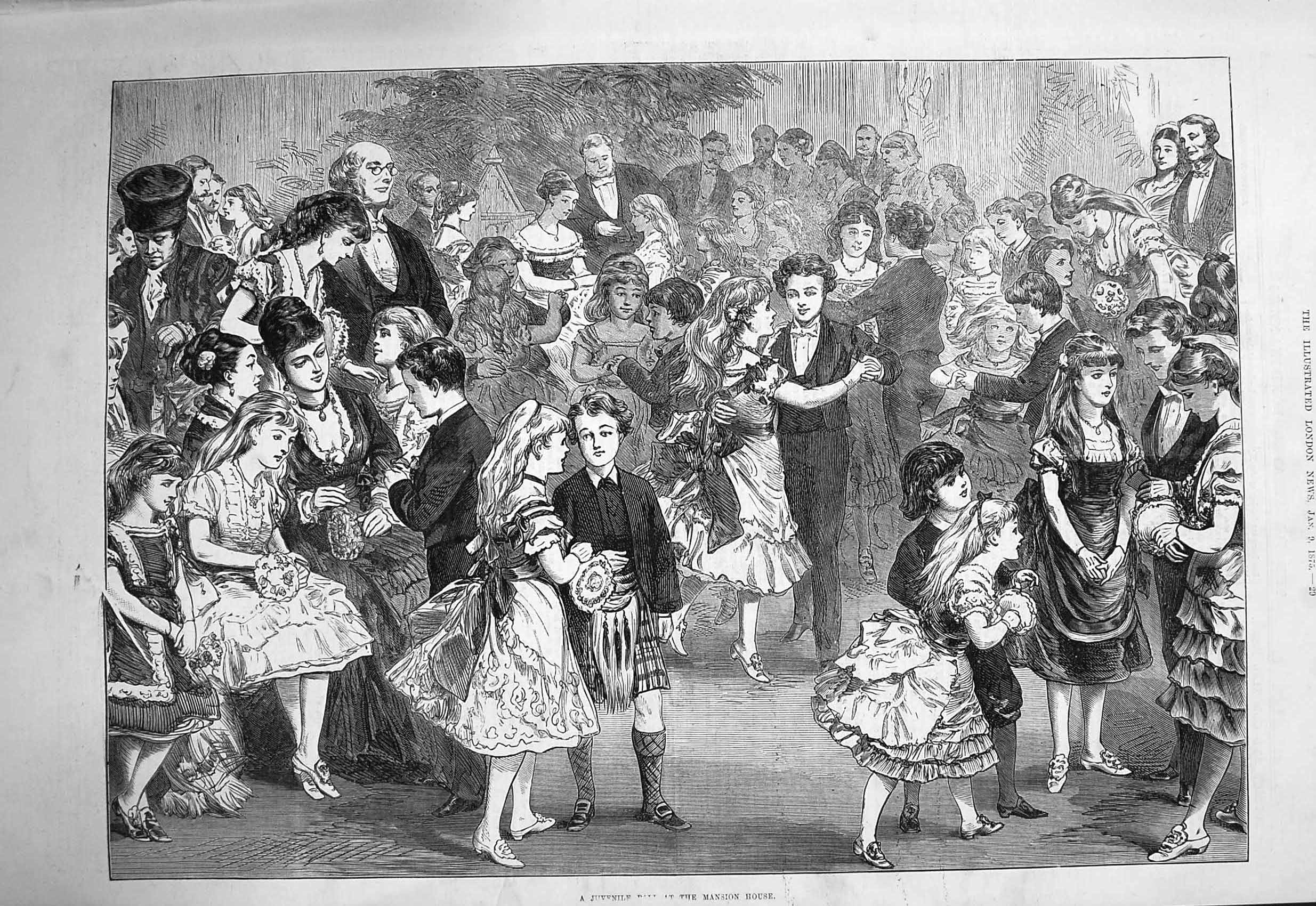 Old Antique Print 1875 Juvenile Children Ball Mansion House Dancing Scene 19th