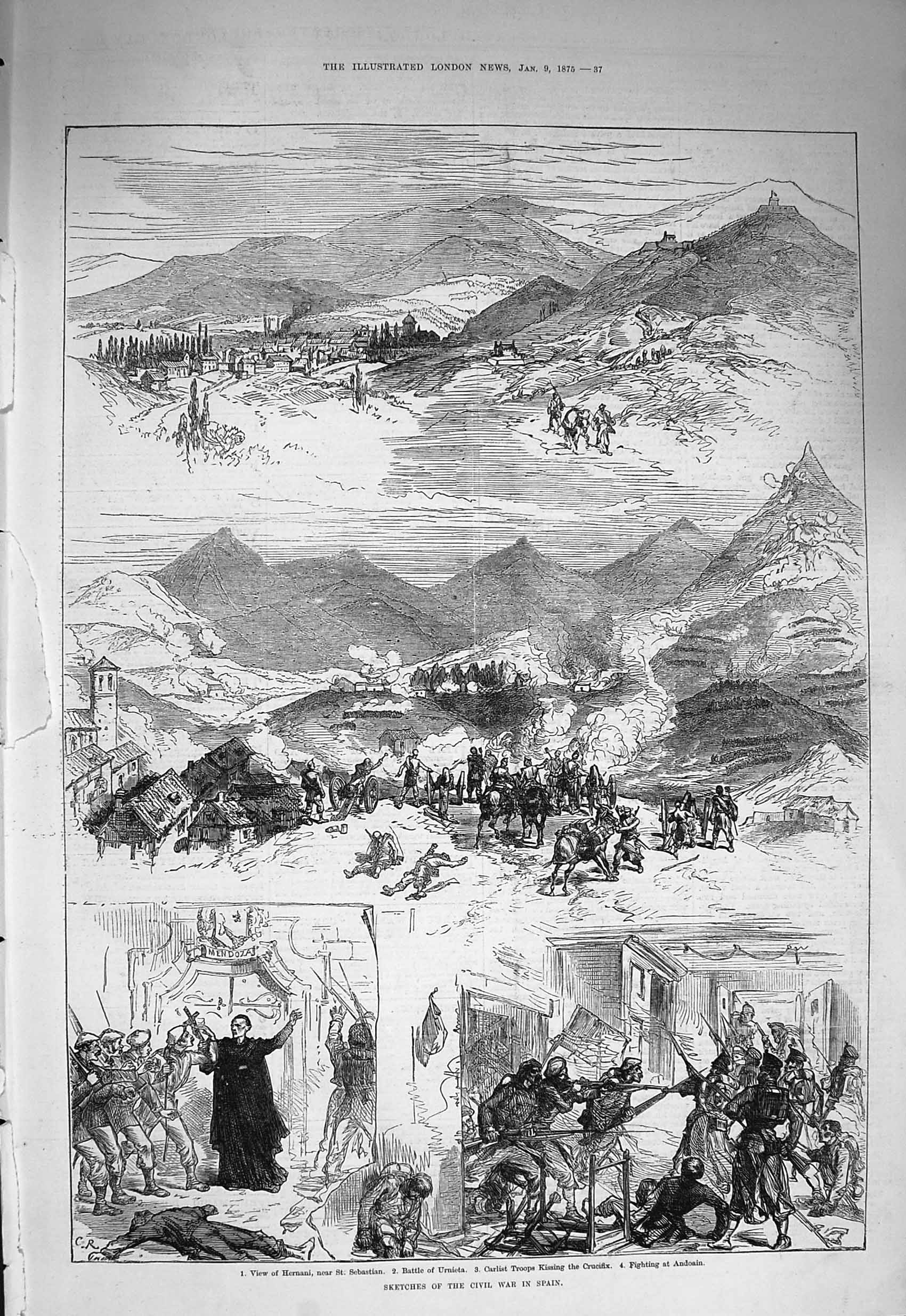 Original Old Antique Print 1875 Civil War Spain Hernani Sebastian Battle 19th