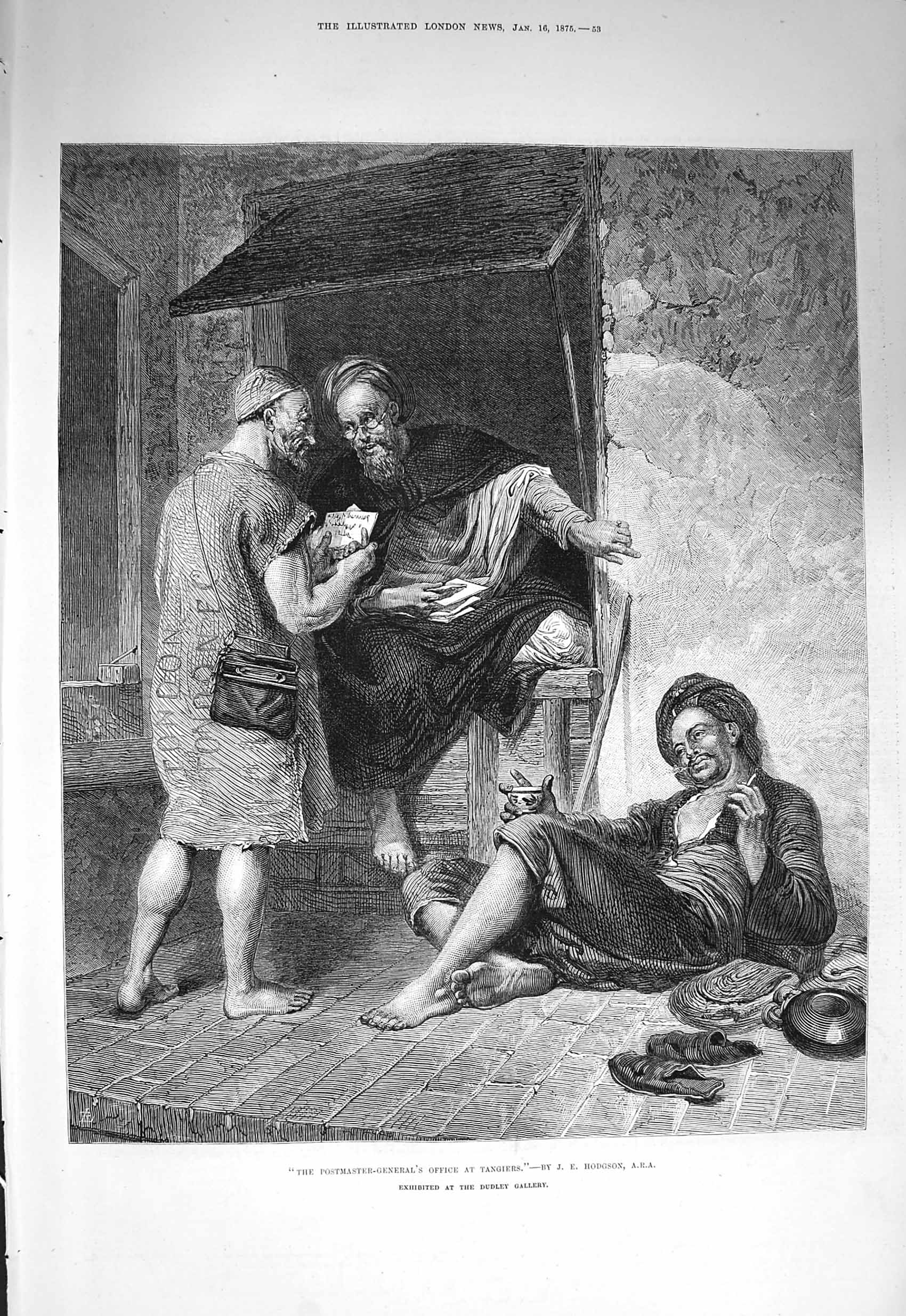 Original Old Antique Print 1875 Postmaster General Office Tangiers Hodgson 19th
