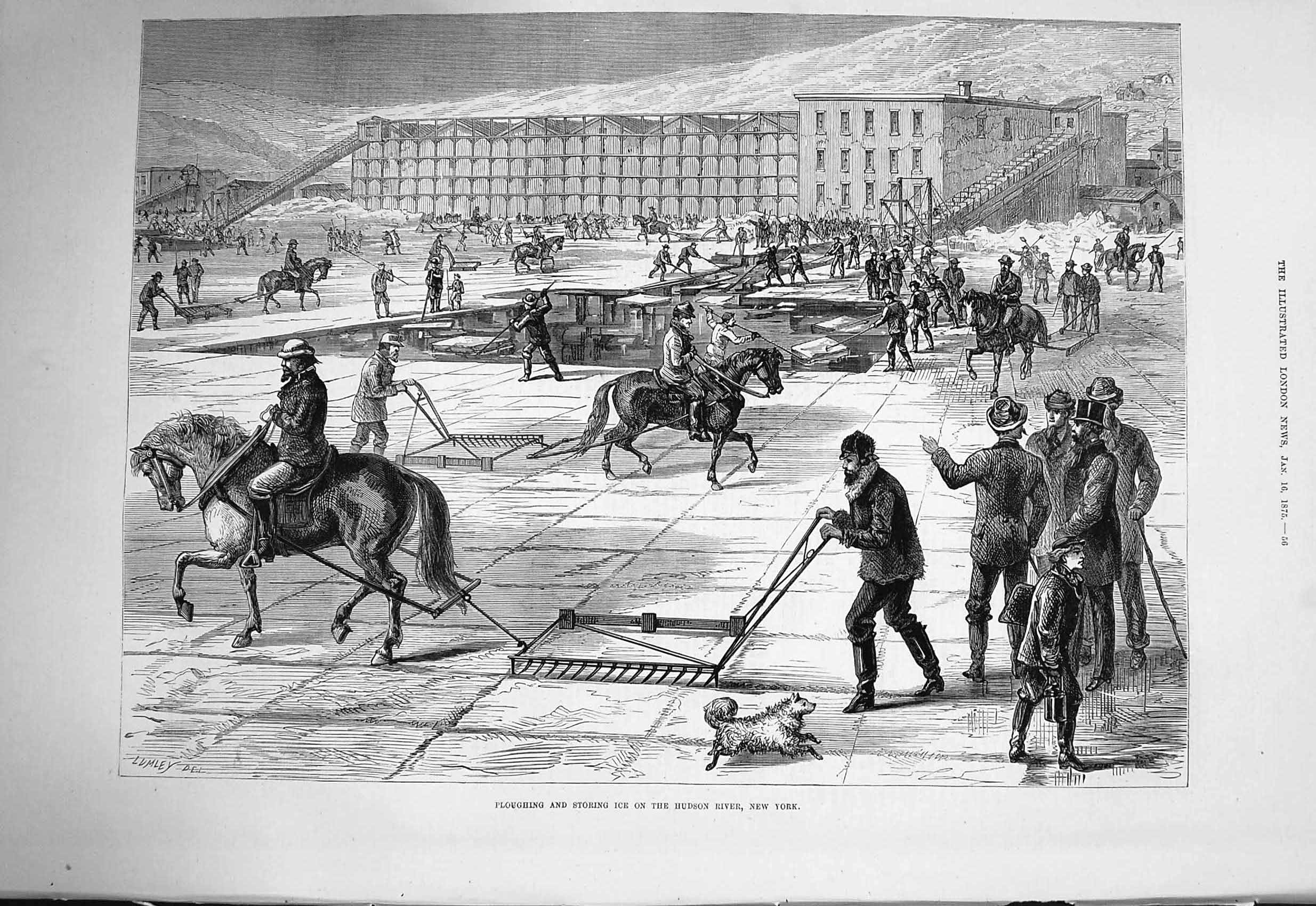 Original Old Antique Print 1875 Ploughing Storing Ice Hudson River New York