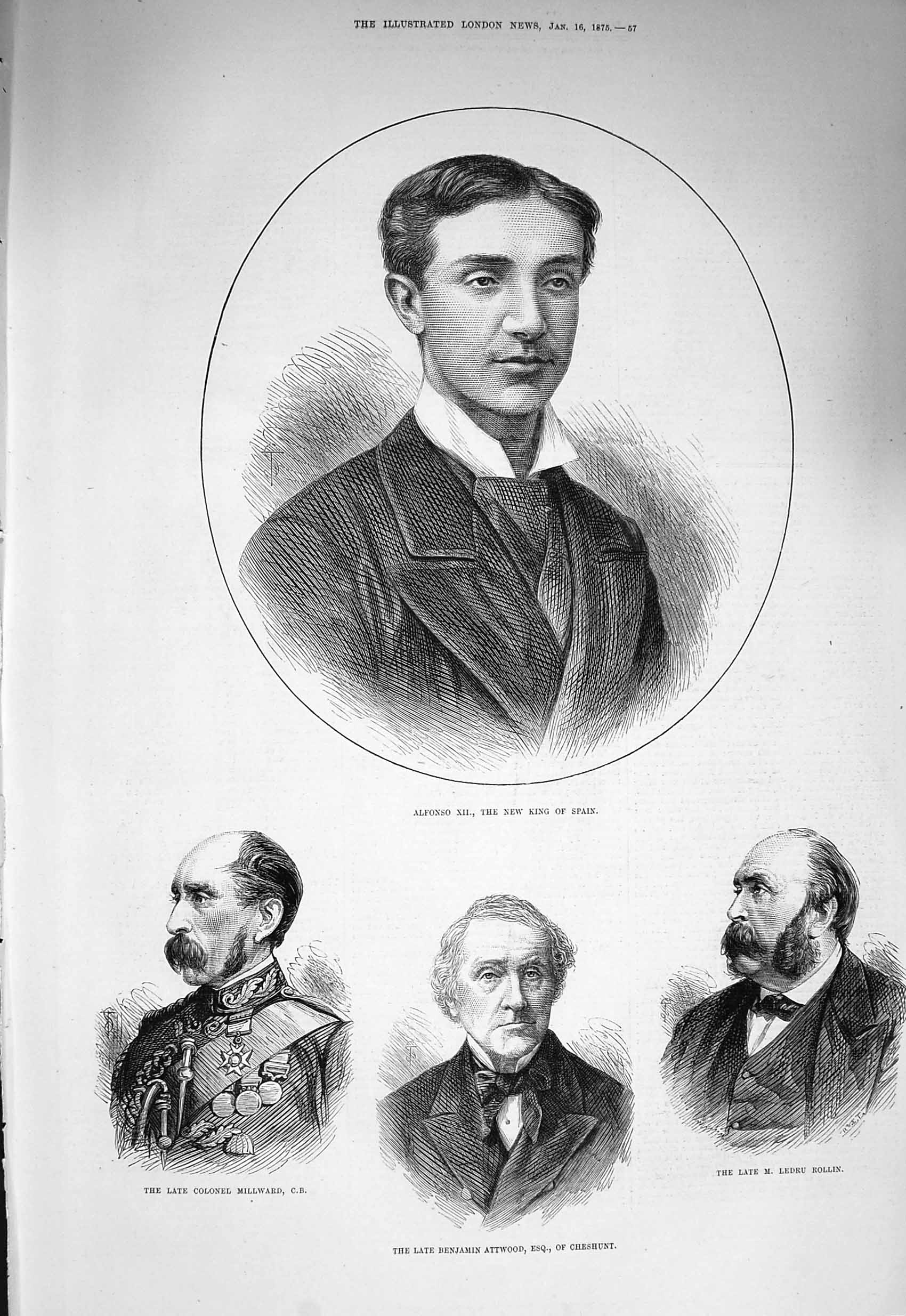 Old Antique Print 1875 King Spain Alfonso Millward Attwood Ledru Rollin 19th