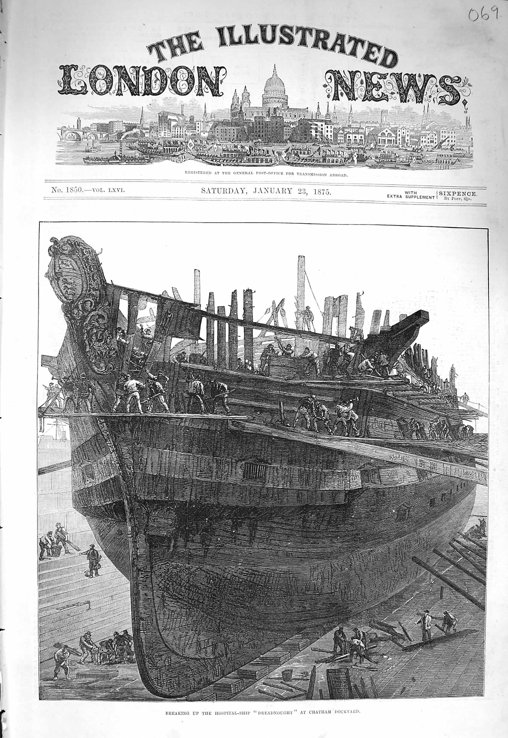 Old Antique Print 1875 Breaking Hospital Ship Dreadnought Chatham Docks 19th