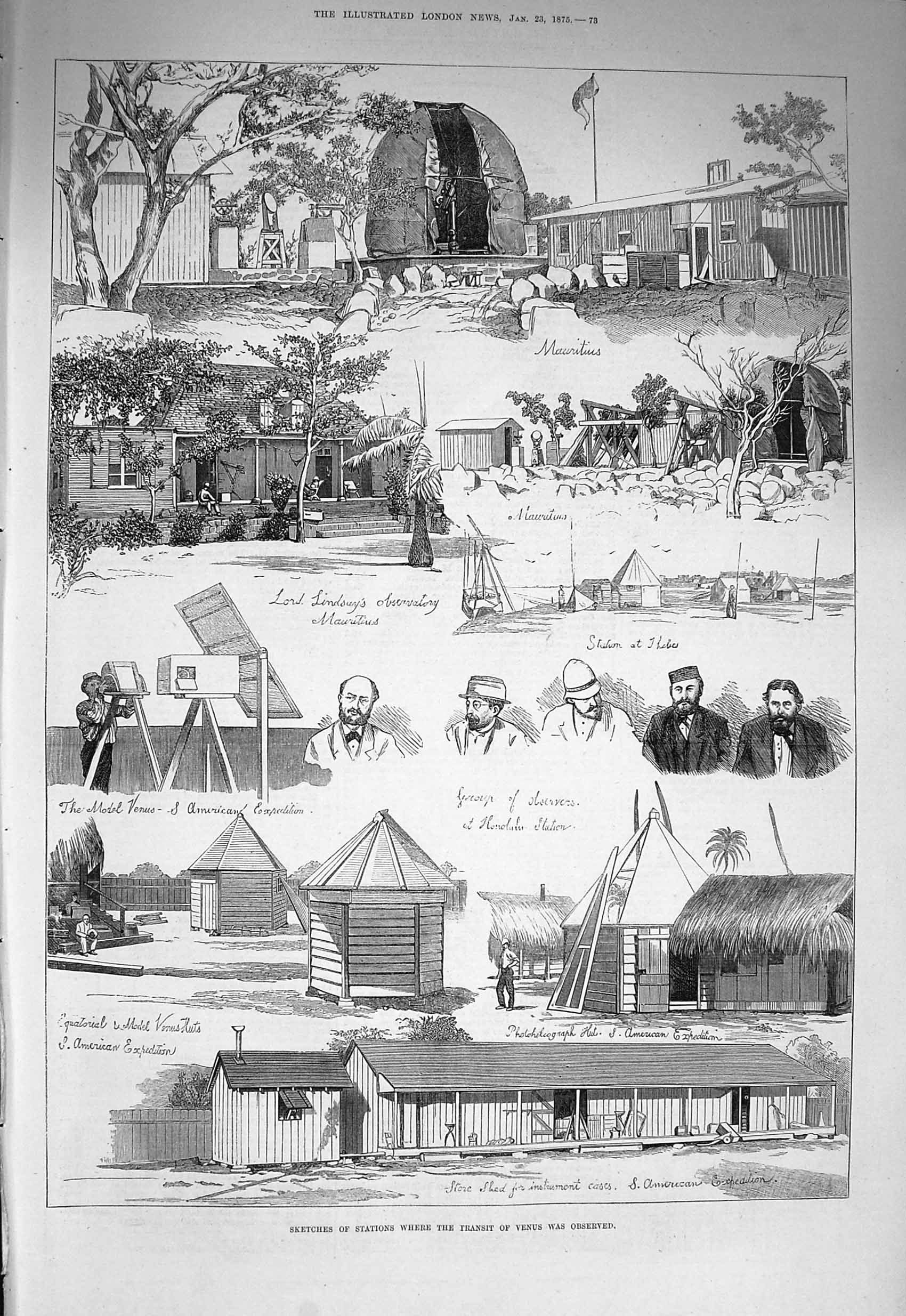 Original Old Antique Print 1875 Transit Venus Astronomy Mauritius Thebes Ob 19th