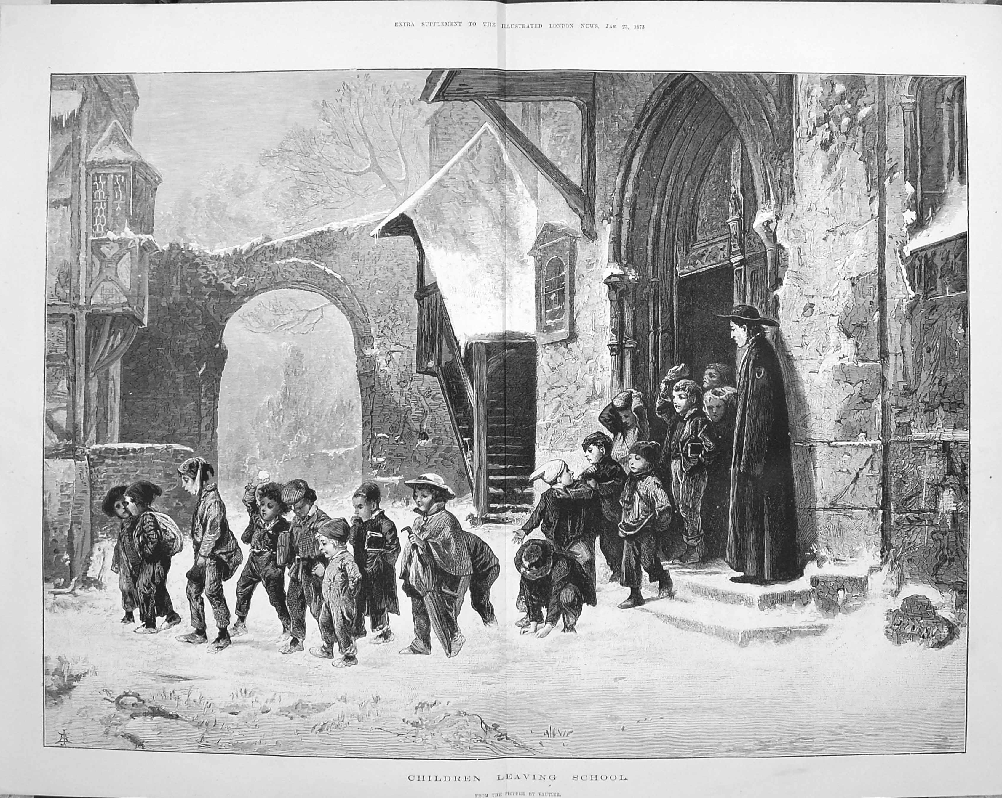 Original Old Antique Print 1875 Fine Art Scene Children Leaving School Teacher 0
