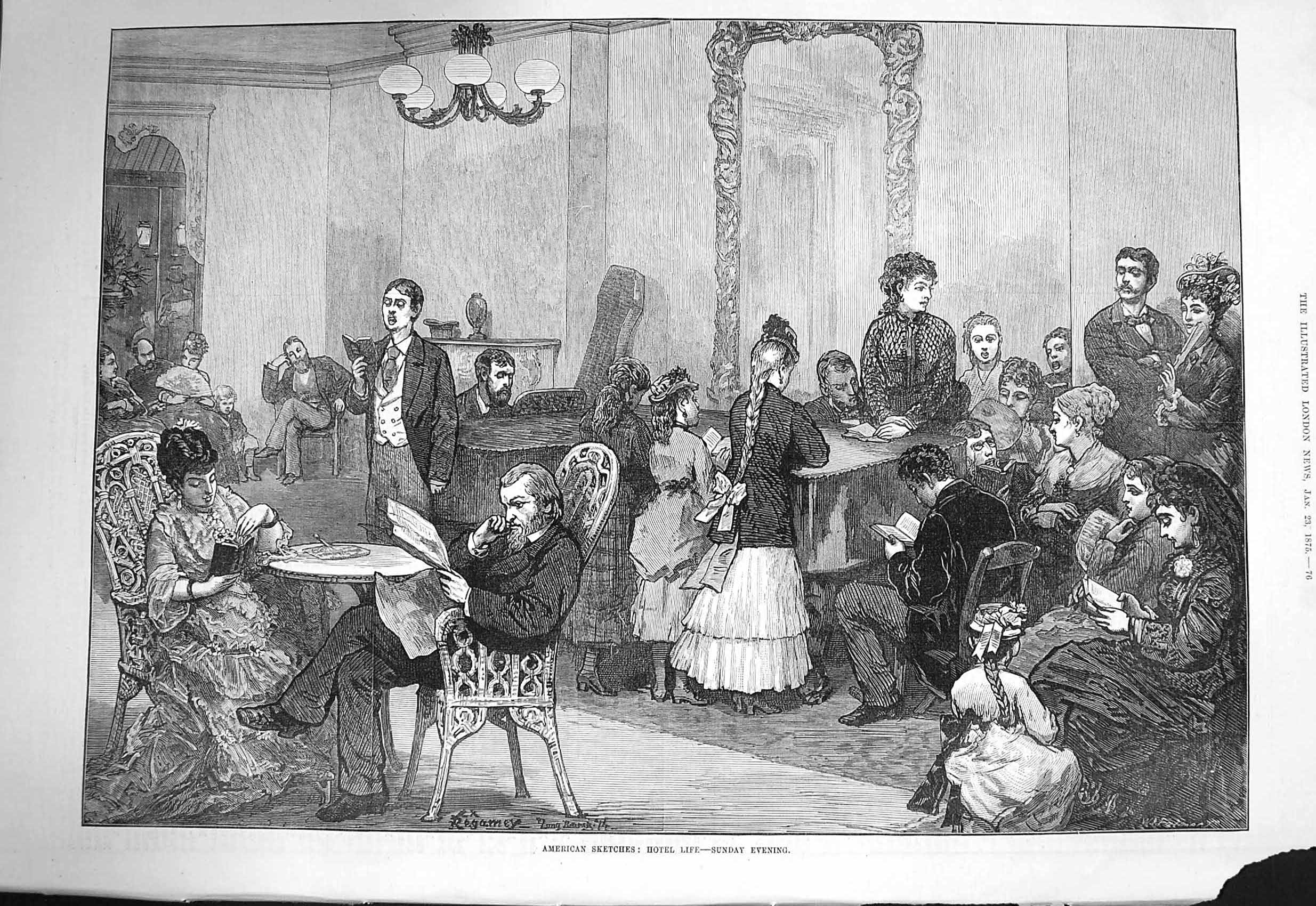 Original Old Antique Print 1875 America Scene Hotel Life Sunday Evening Music