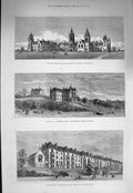 Original Old Antique Print 1875 Charterhouse School Godalming College W 19th