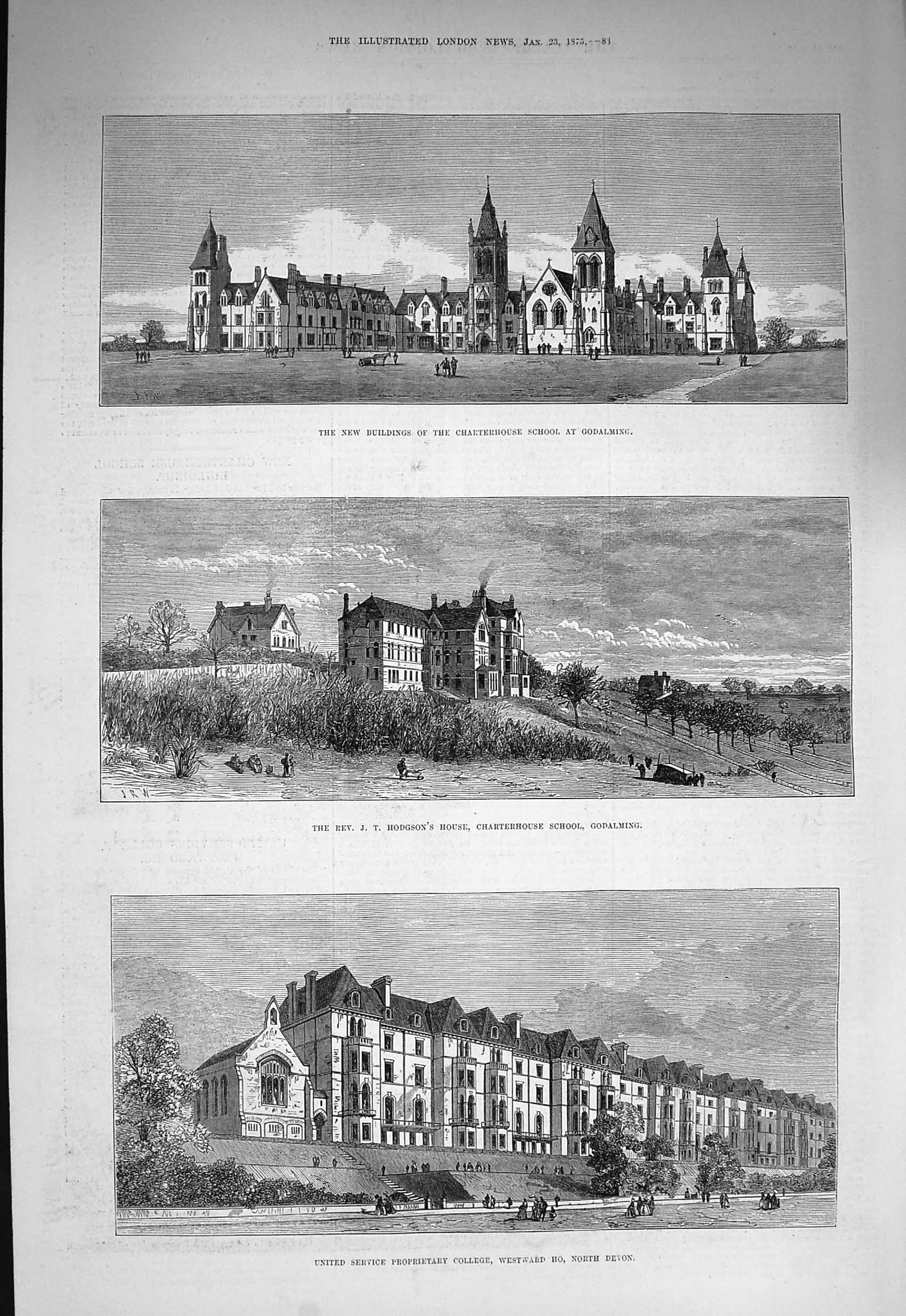 Original Old Antique Print 1875 Charterhouse School Godalming College W 19th