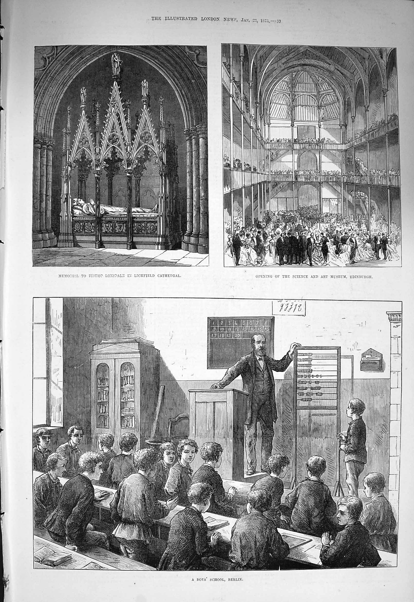 Old Antique Print 1875 Lonsdale Lichfield Cathedral Museum School Berlin 19th