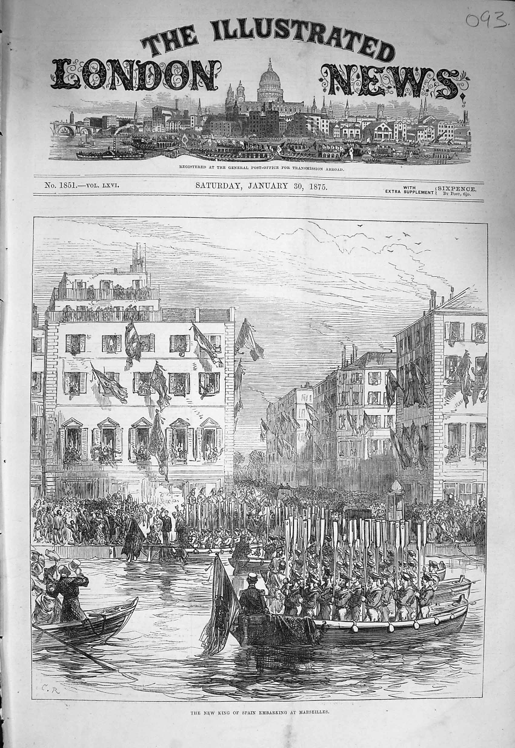 Original Old Antique Print 1875 King Spain Embarking Marseilles Siers Boats