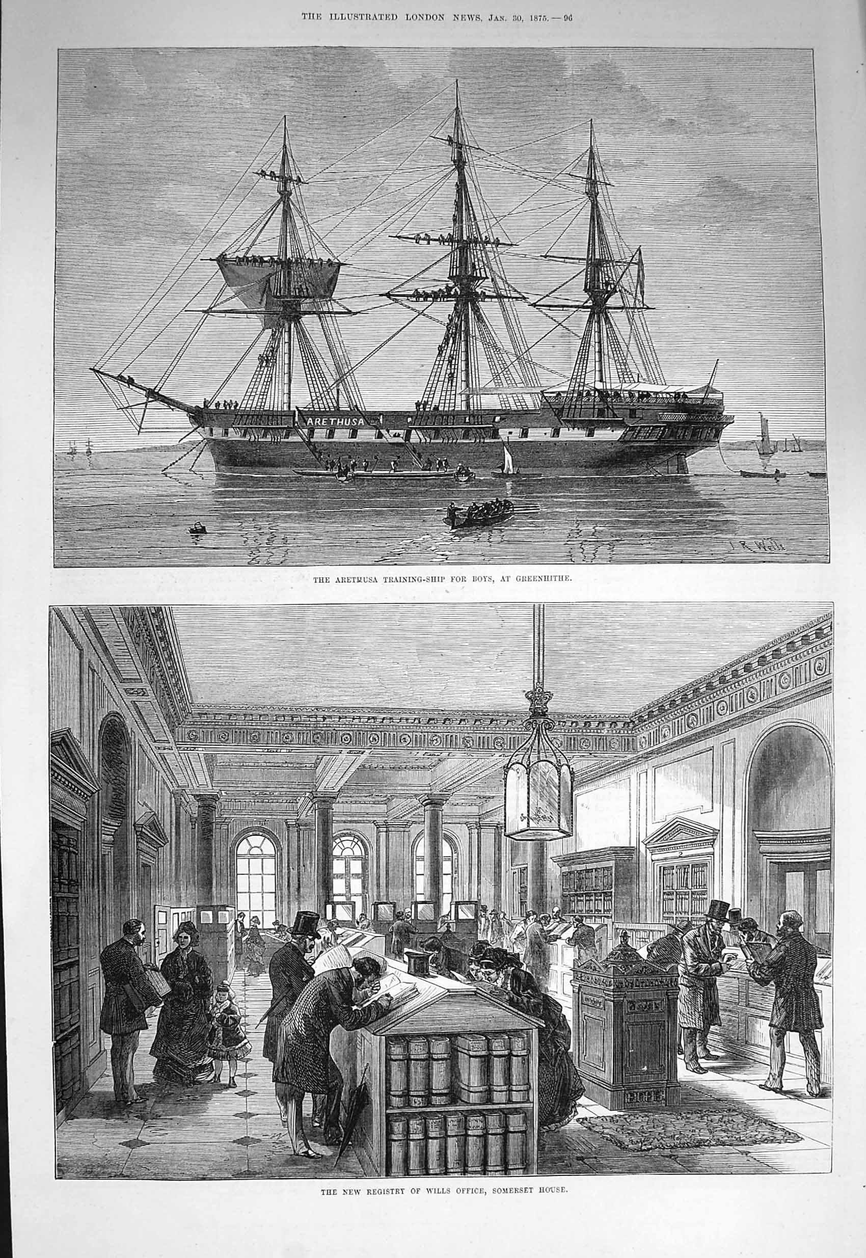 Original Old Antique Print 1875 Arethusa Training Ship Greenhithe Wills S 19th
