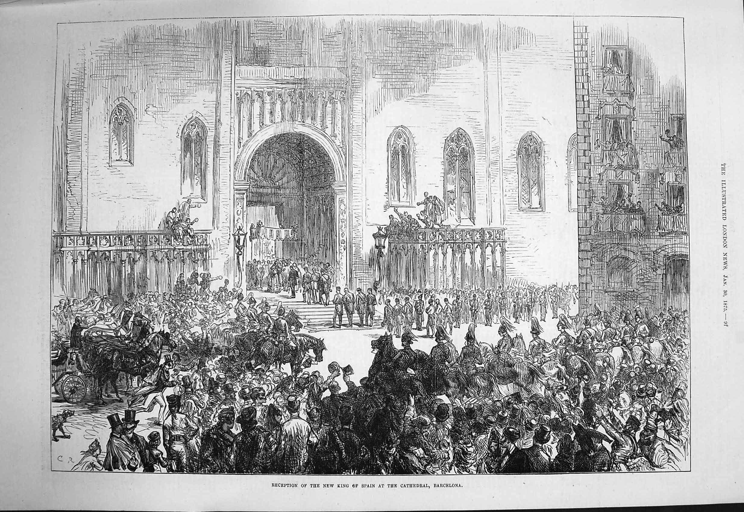 Original Old Antique Print 1875 Reception New King Spain Cathedral Barcelona