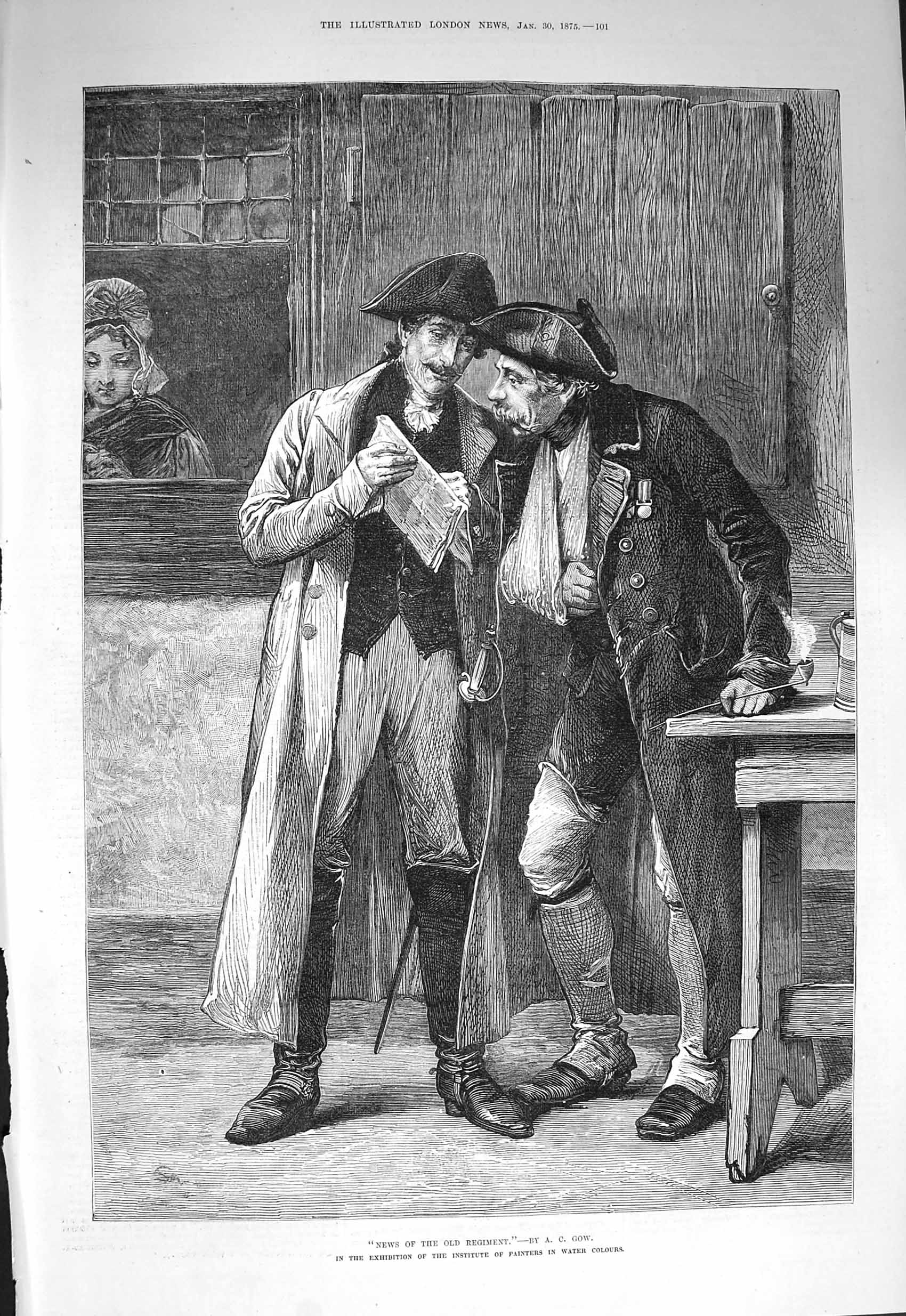 Original Old Antique Print 1875 News Regiment Men Reading Letter 19th