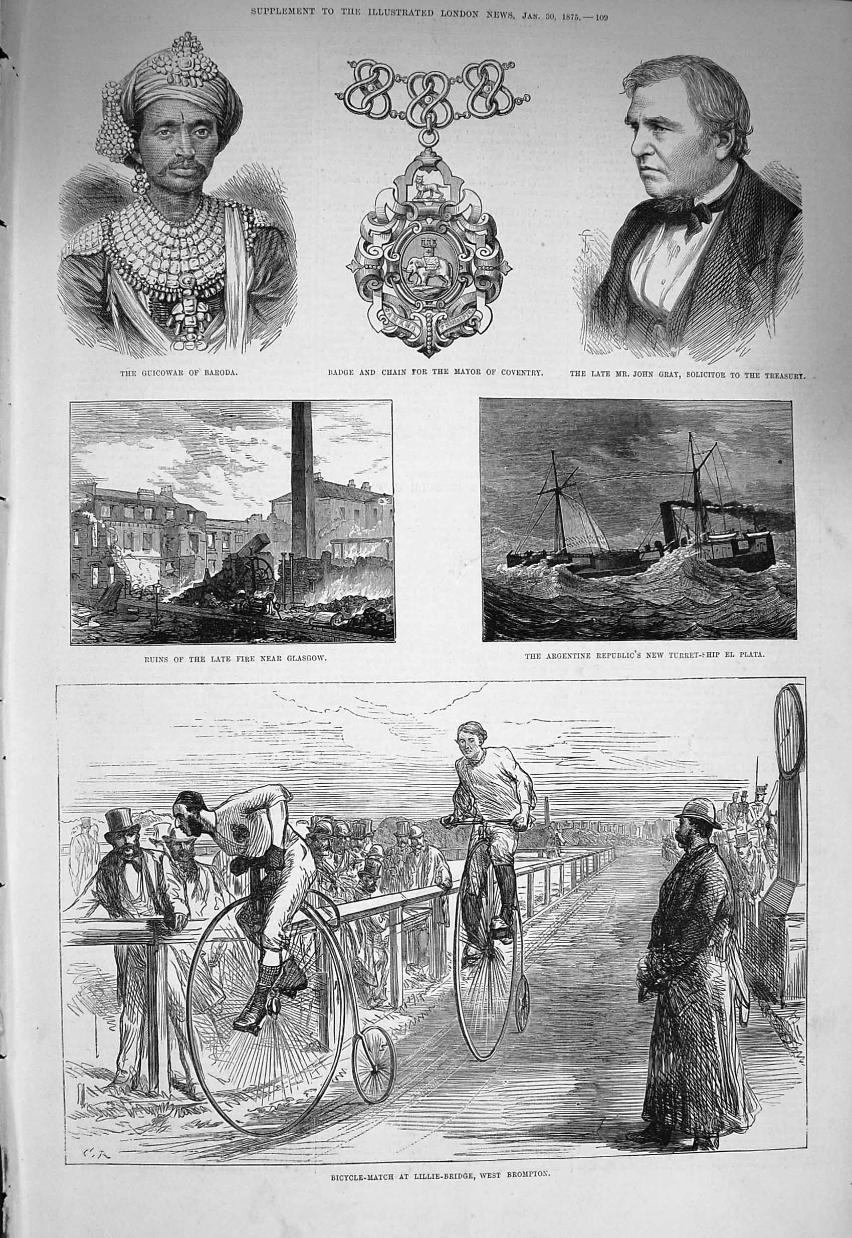 Old Antique Print 1875 Guicowar John Gray Ship Plata Bicycle Lillie Sport 19th