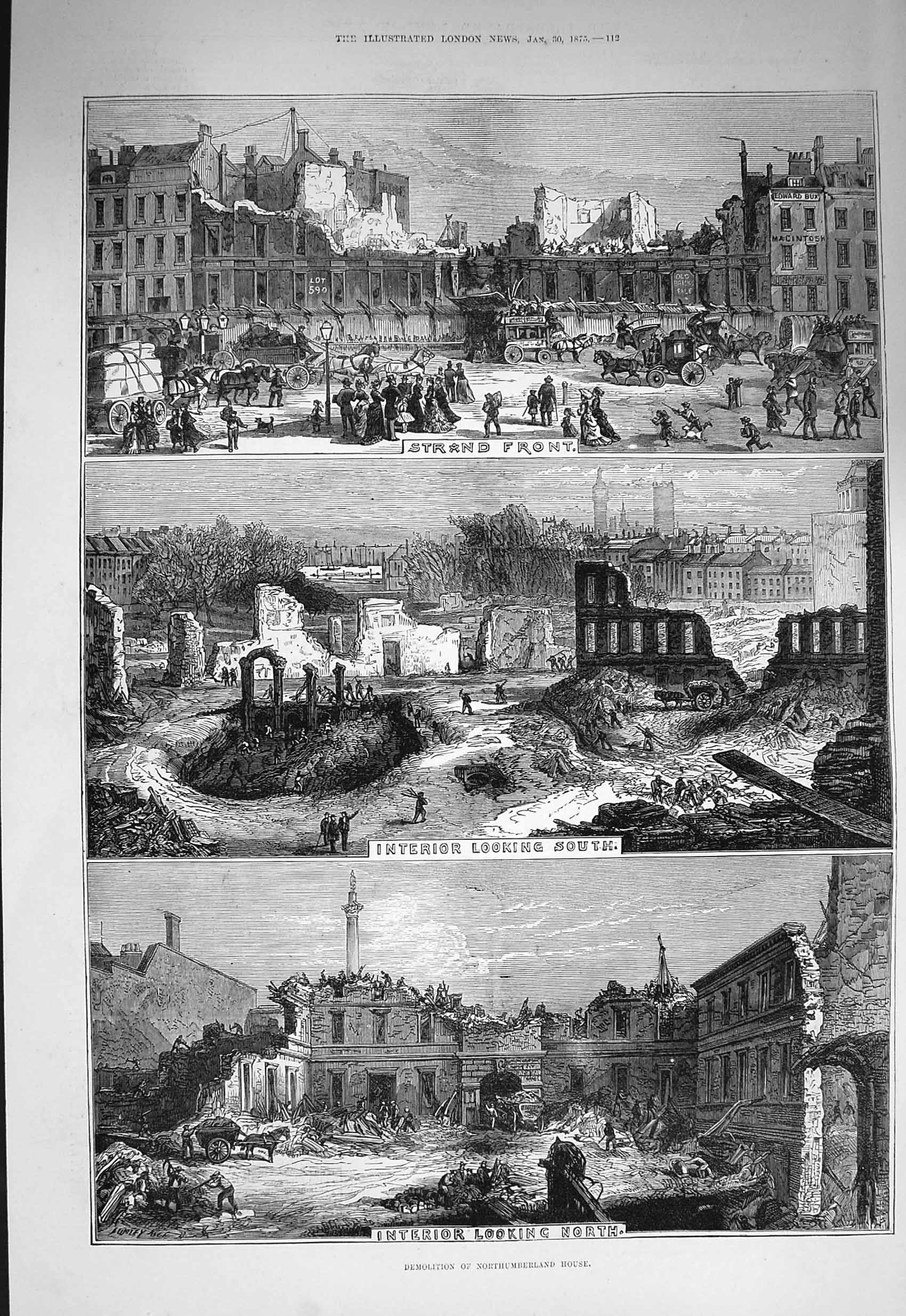 Original Old Antique Print 1875 Northumberland House Strand Demolition London
