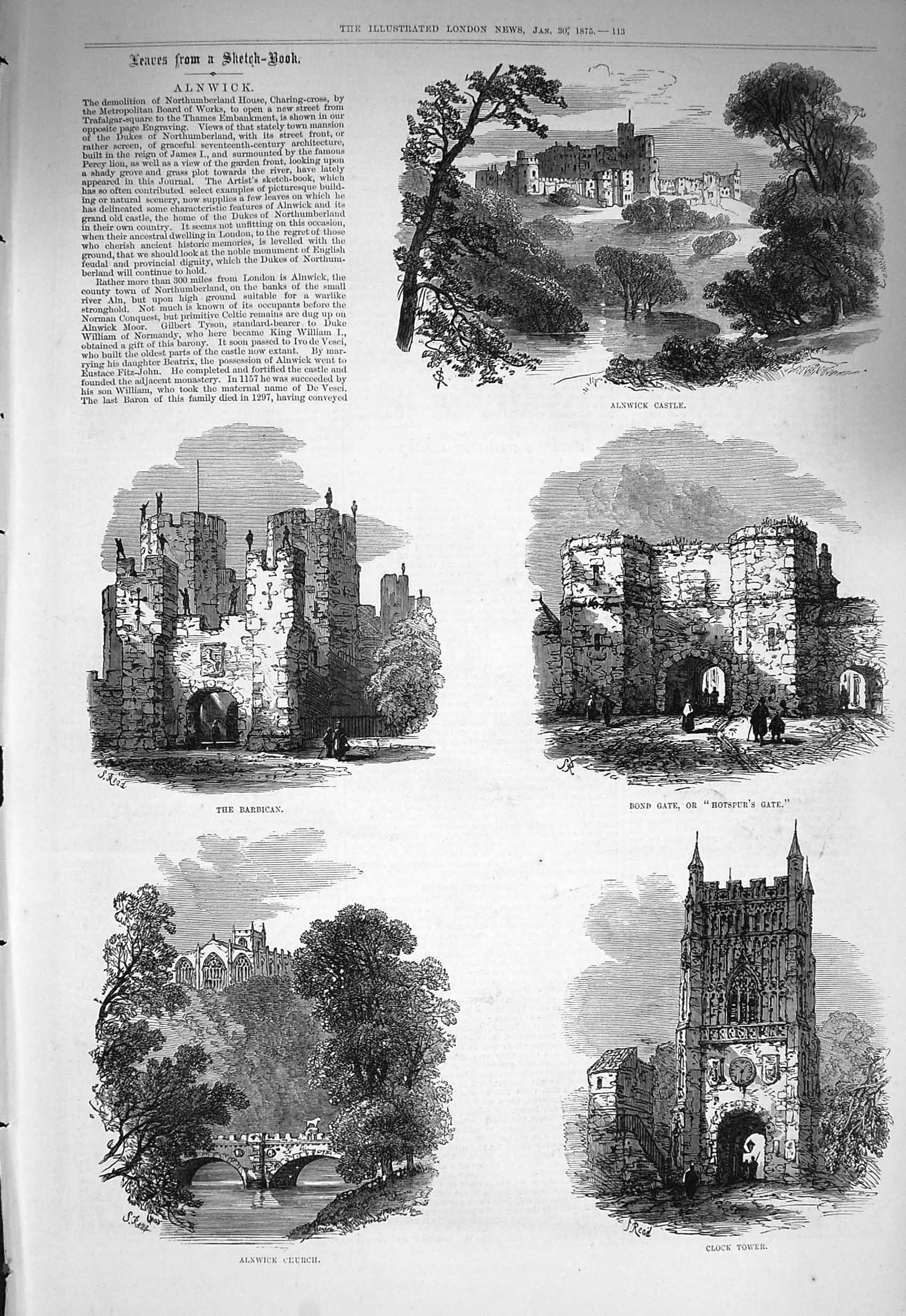 Original Old Antique Print 1875 Alnwick Castle Barbican Clock Tower Bond Gate