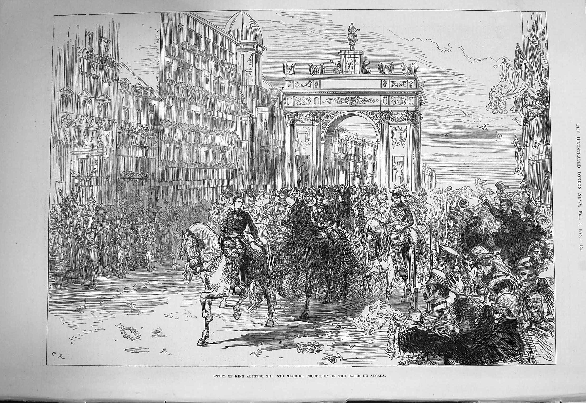 Original Old Antique Print 1875 Entry King Alfonso Madrid Calle De Alcala Spain