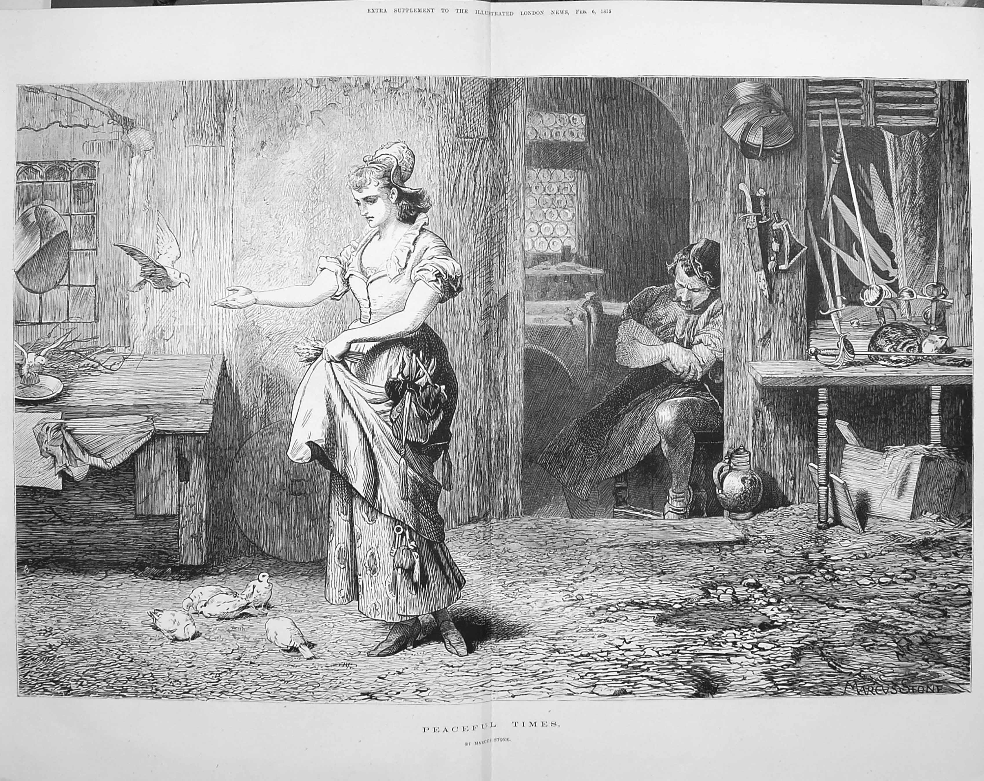 Antique Old Print 1875 Peaceful Times Young Woman Feeding Birds Man Sleep 19th