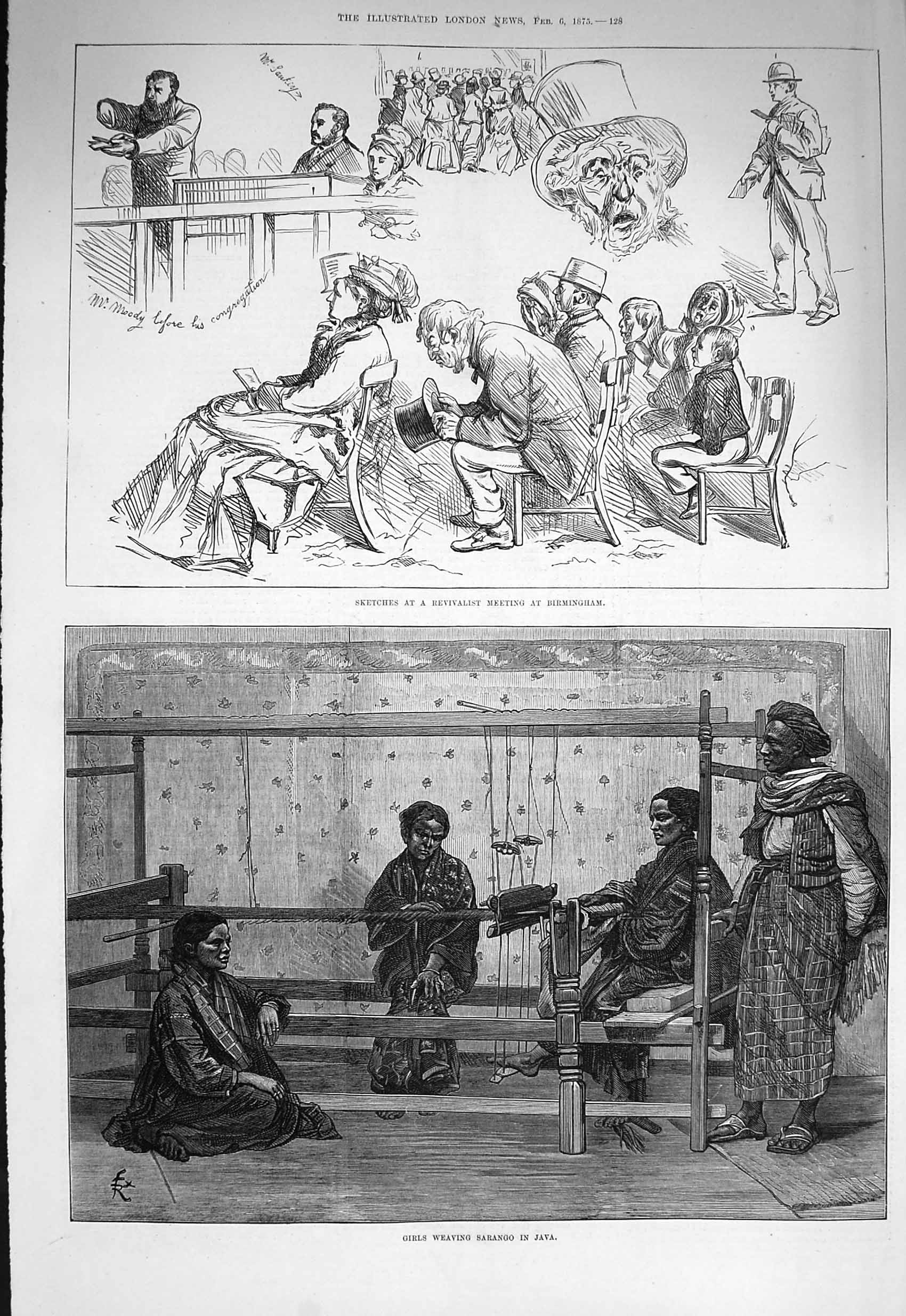 Antique Old Print *3244 1875 Girls Weaving Sarango Java Revivalist Birmingham