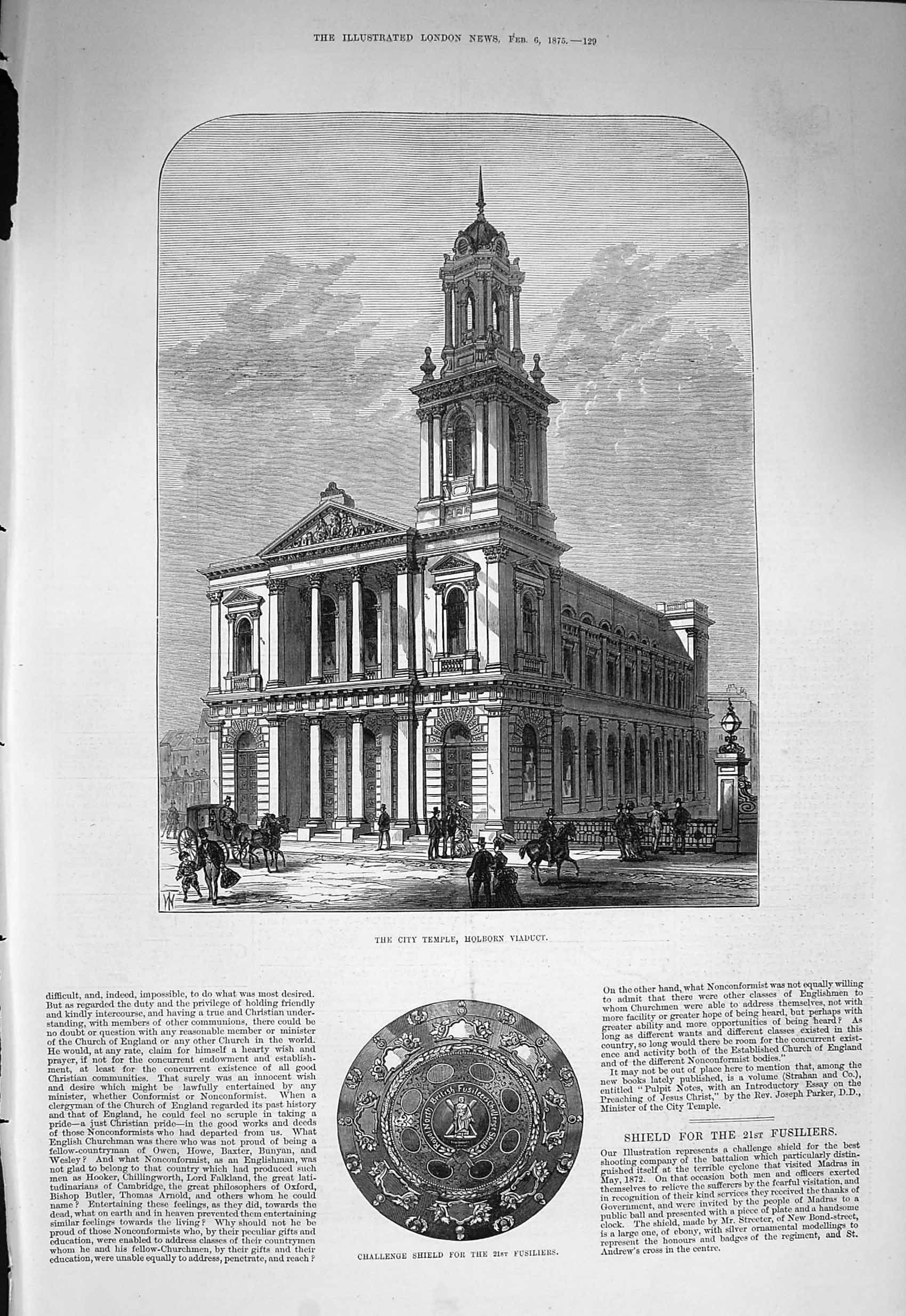 Old Antique Print 1875 Temple Holborn Viaduct Challenge Sheild Fusiliers 19th