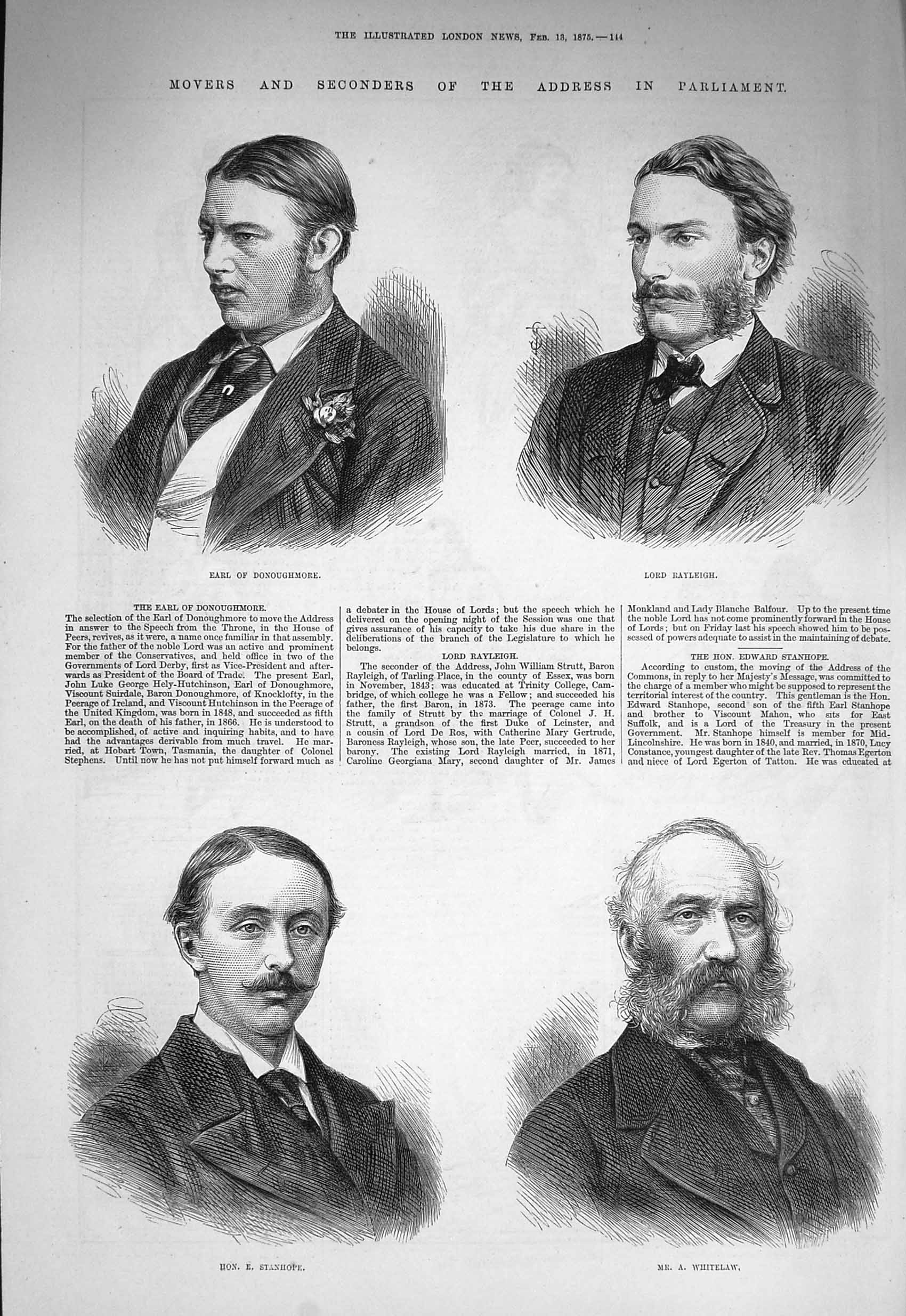 Old Antique Print 1875 Parliament Donoughmore Rayleigh Whitelaw Stanhope 19th