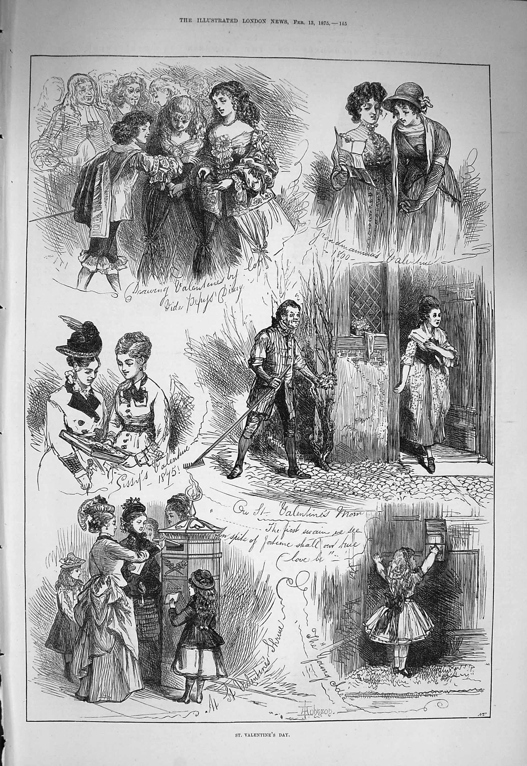 Old Antique Print 1875 St. Valentines Day Cards Post Box Romance Flowers 19th