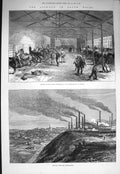 Old Antique Print 1875 Lock-Out Wales Dowlais Market Cinder-Heaps Horses 19th