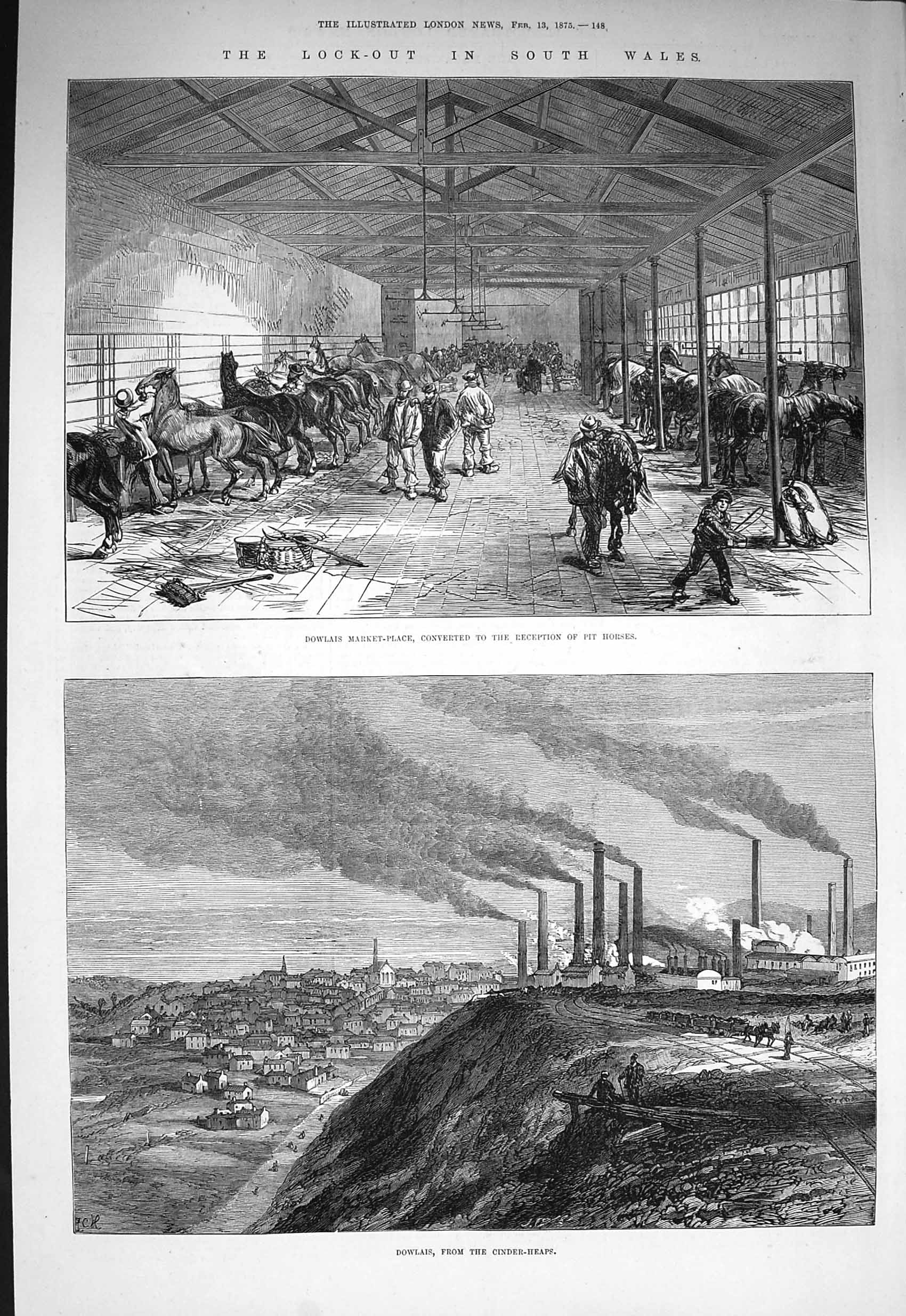 Old Antique Print 1875 Lock-Out Wales Dowlais Market Cinder-Heaps Horses 19th