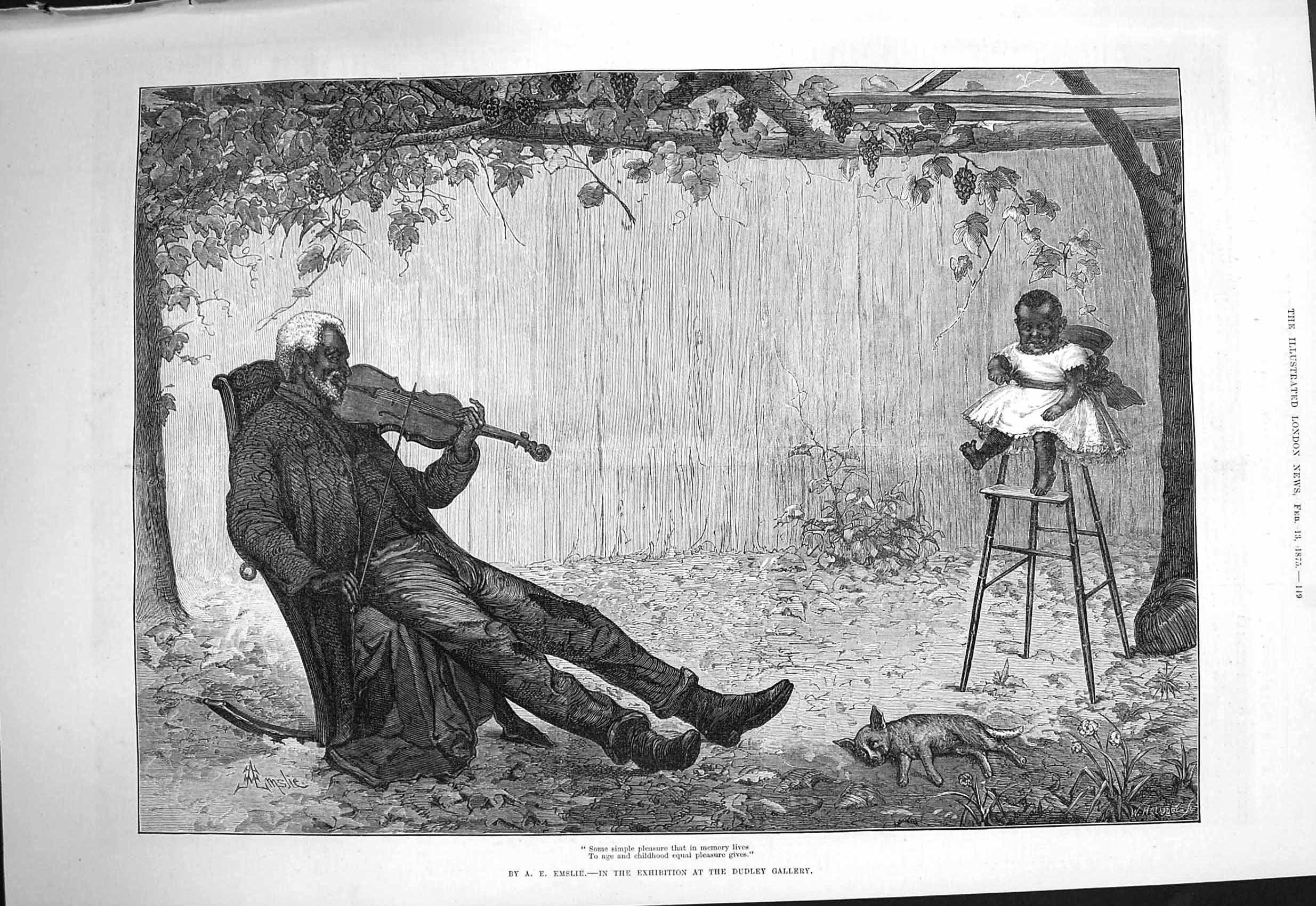 Original Old Antique Print 1875 Black Man Little Girl High Chair Music Victorian