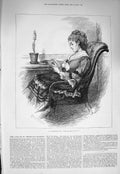 Old Antique Print 1875 Valentine'S Day Card Beautiful Woman Sitting Chair 19th