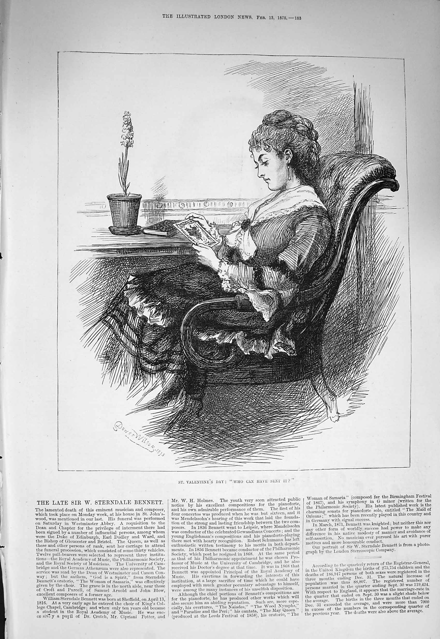 Old Antique Print 1875 Valentine'S Day Card Beautiful Woman Sitting Chair 19th