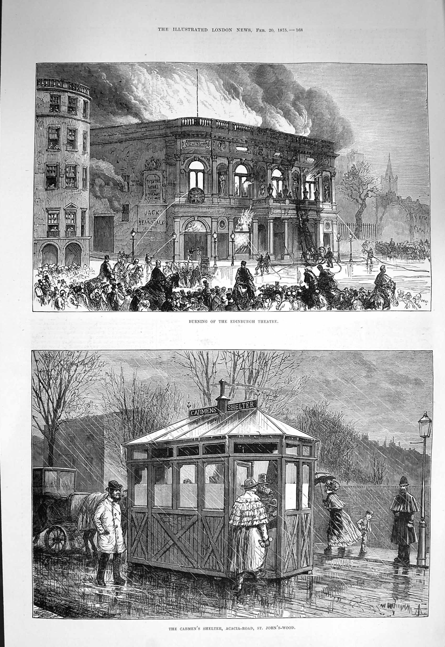 Old Antique Print 1875 Fire Edinburgh Theatre Cabmen Shelter John'S-Wood 19th