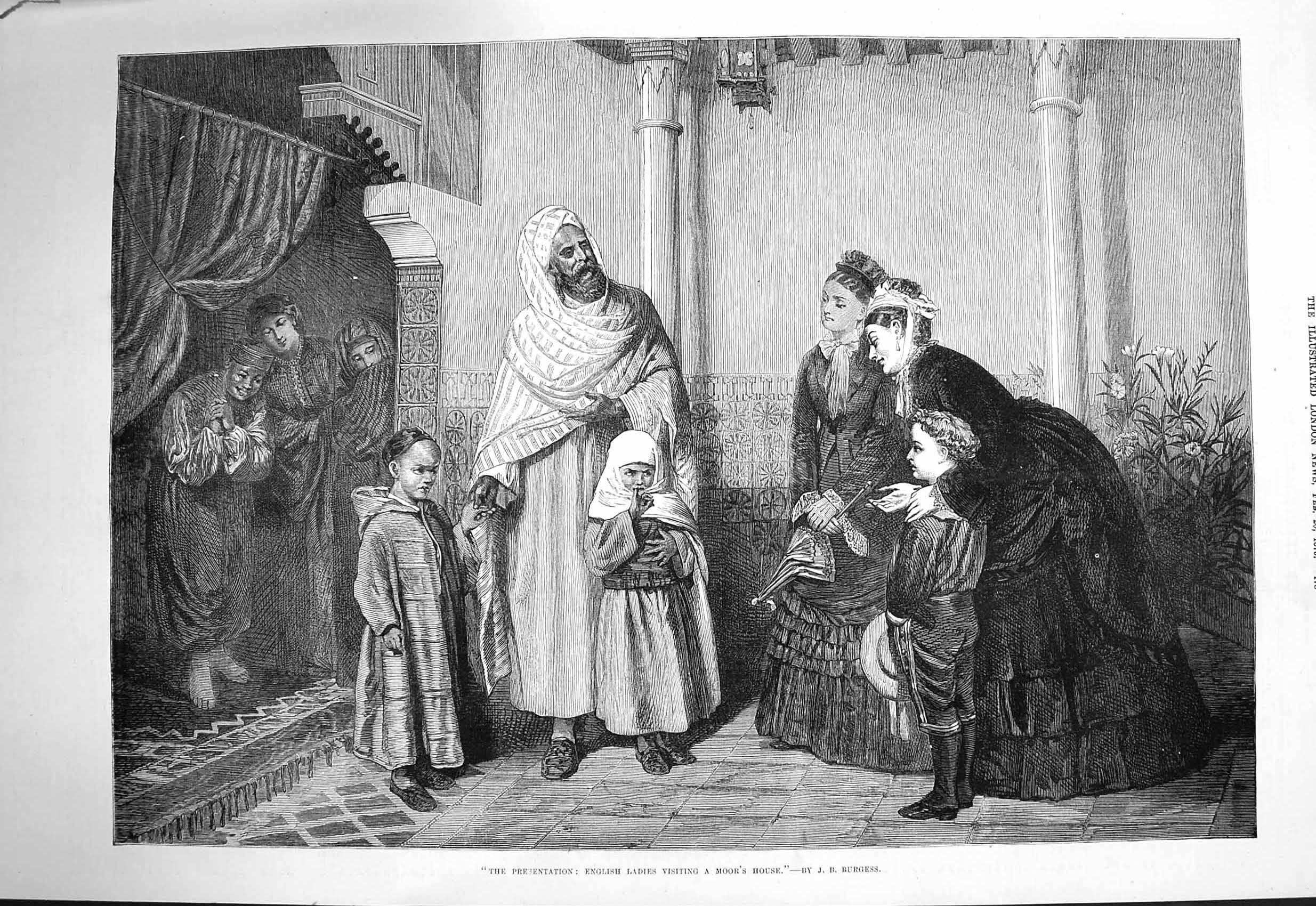 Old Antique Print 1875 Presentation English Ladies Visiting Moors House 19th