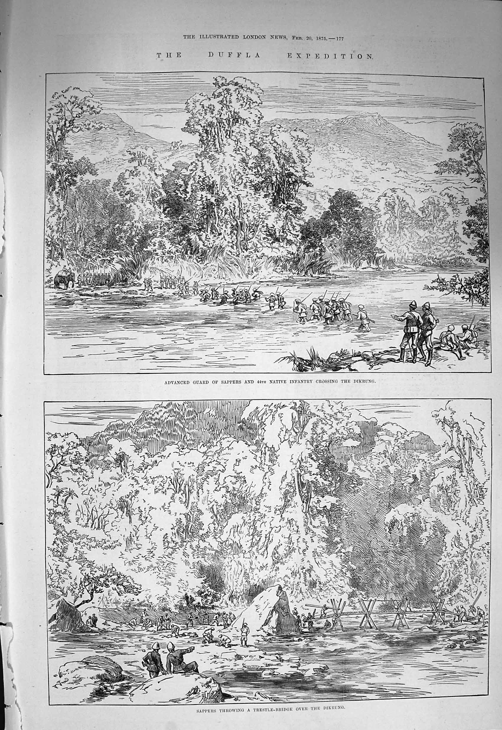 Old Antique Print 1875 Duffla Guard Sappers Dikrung River Trestle Bridge 19th
