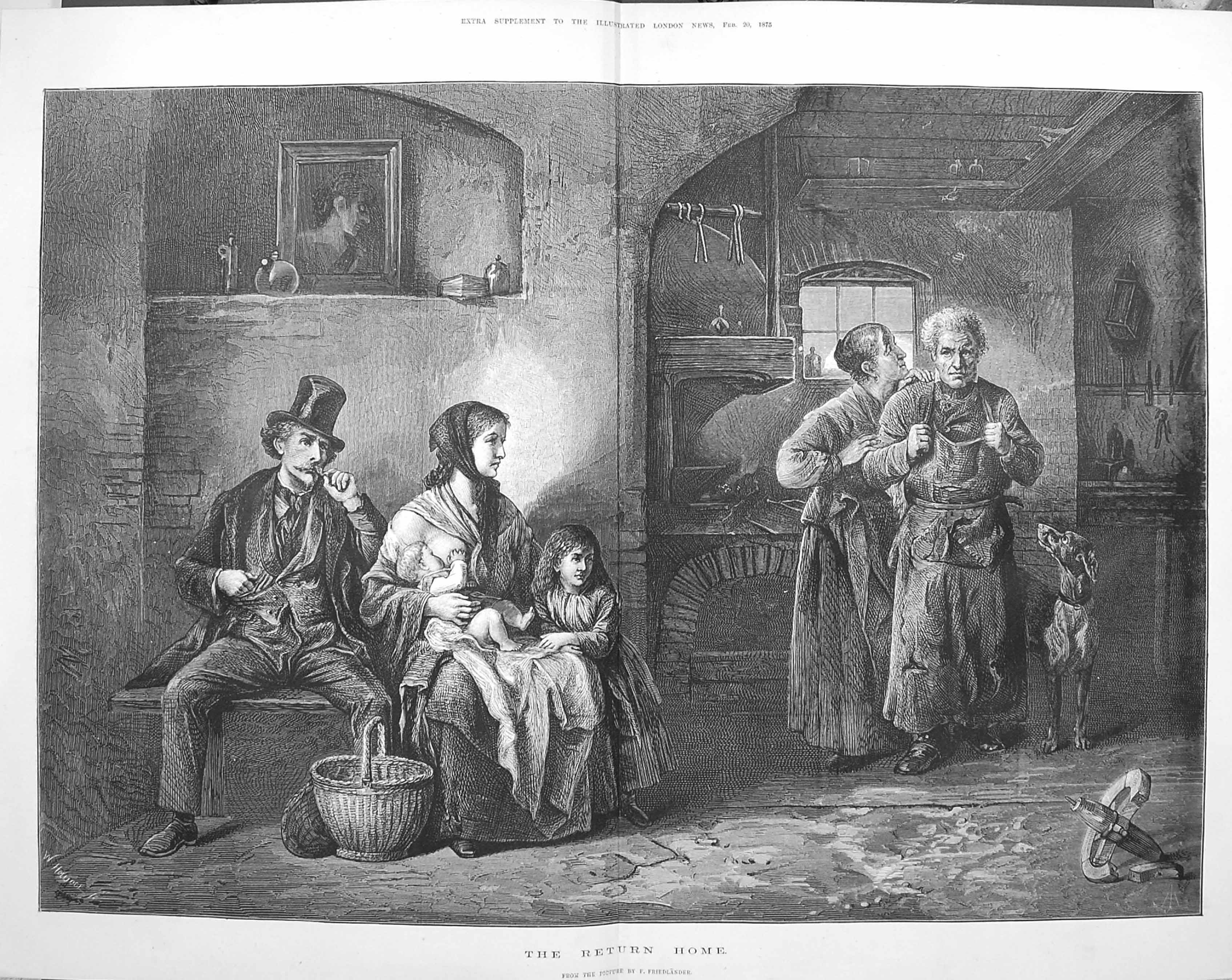 Old Antique Print 1875 Return Home Family Scene Blacksmith Freidlander 19th