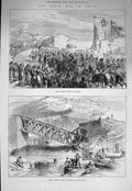 Original Old Antique Print 1875 War Spain King Alfonso Tafalla Railway Bridge