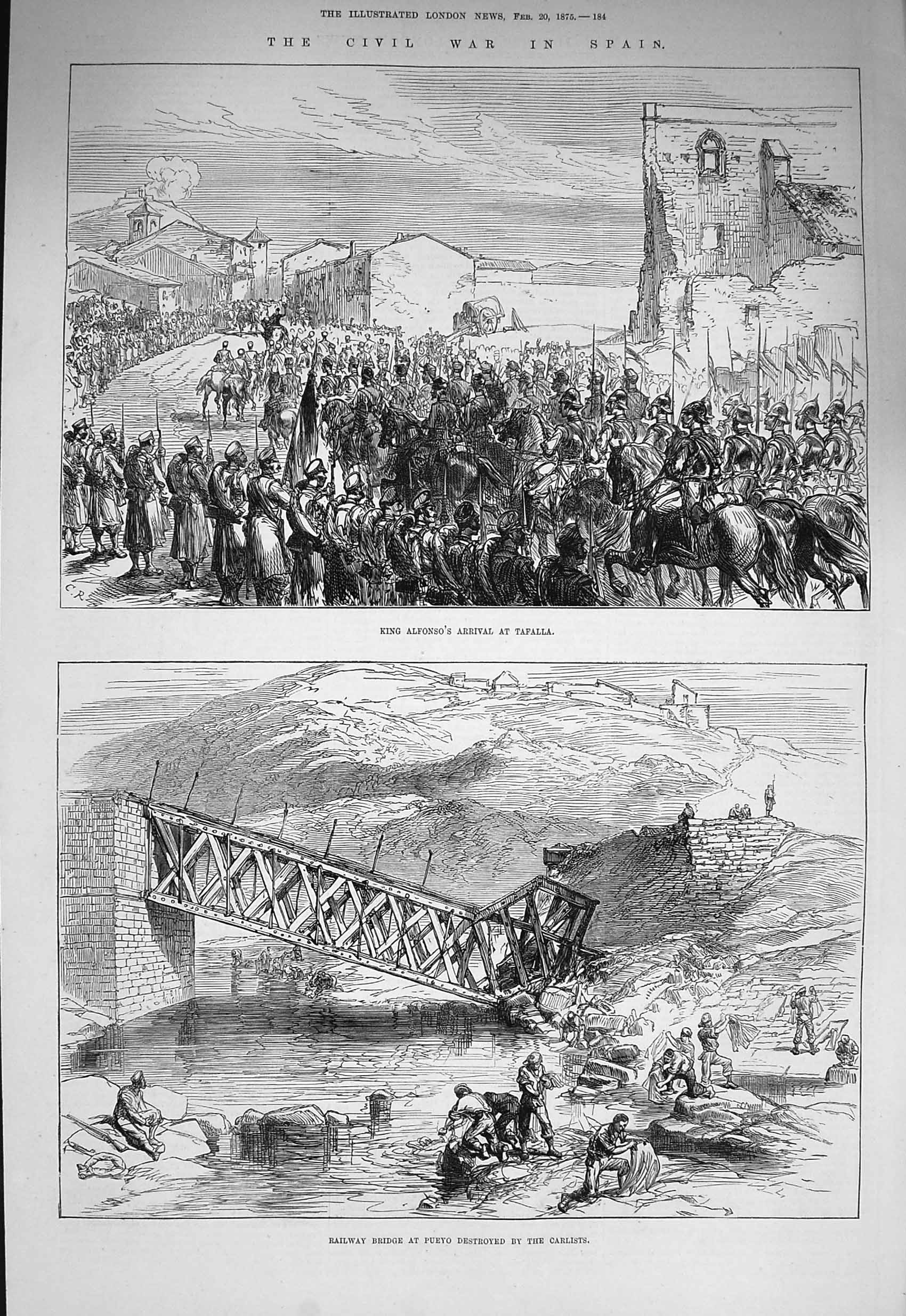 Original Old Antique Print 1875 War Spain King Alfonso Tafalla Railway Bridge