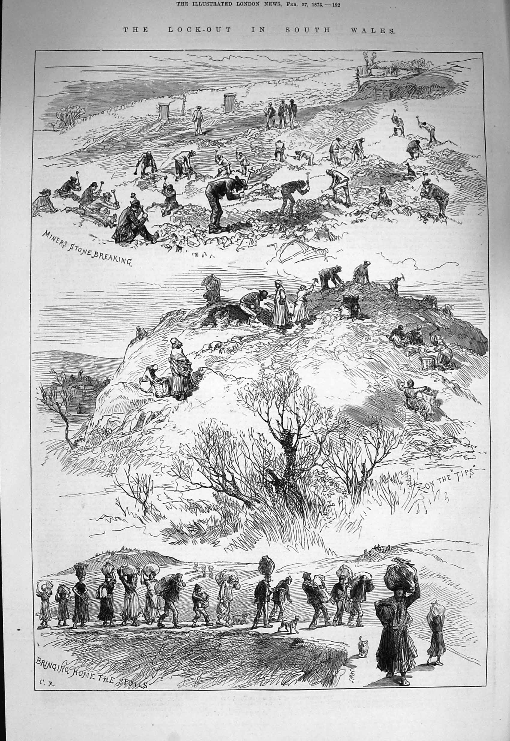 Old Antique Print 1875 Lock-Out Wales Miners Stone Breaking Cyfartha Iron 19th