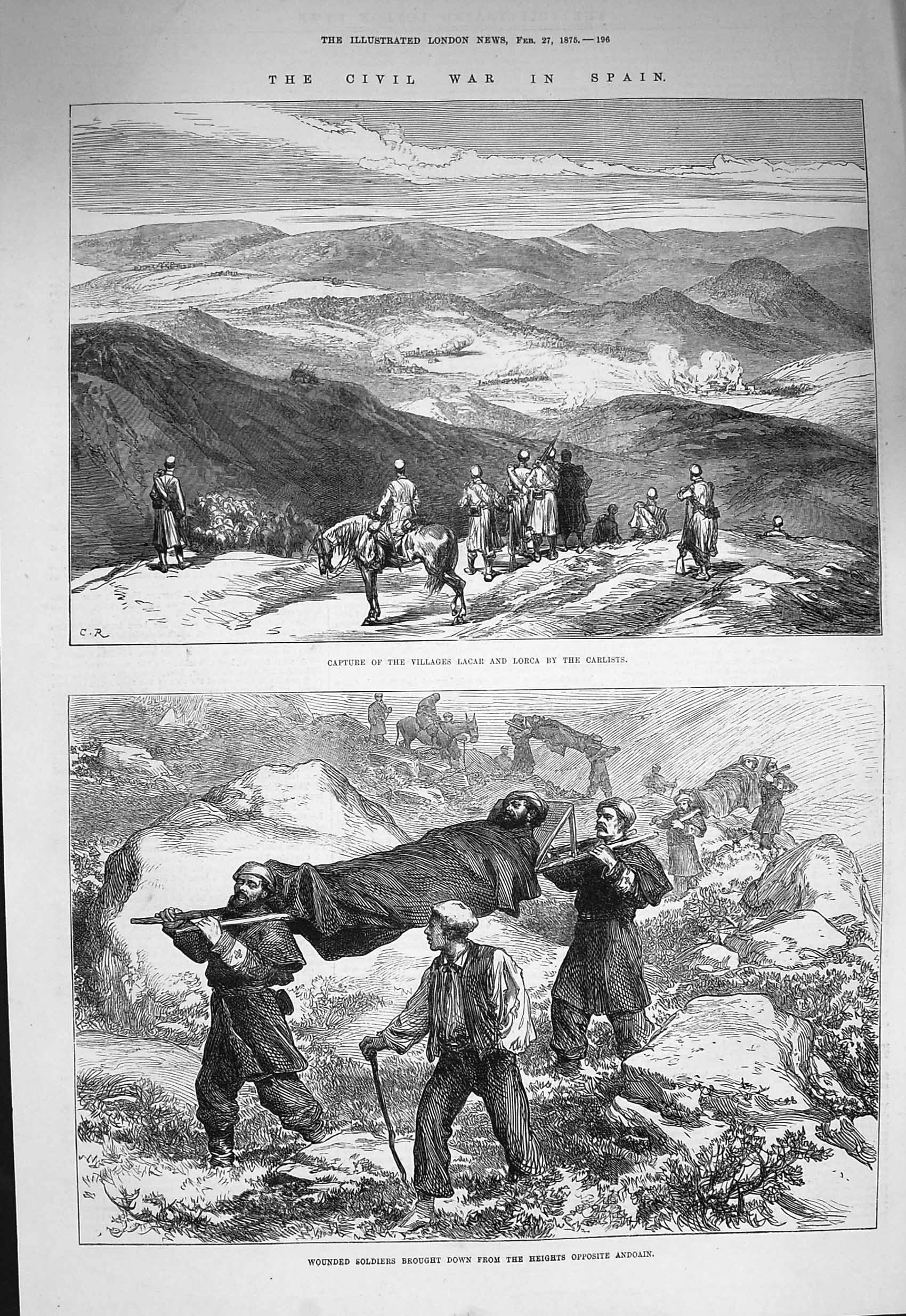 Original Old Antique Print 1875 War Spain Capture Lacar Lorca Carlists Andoain