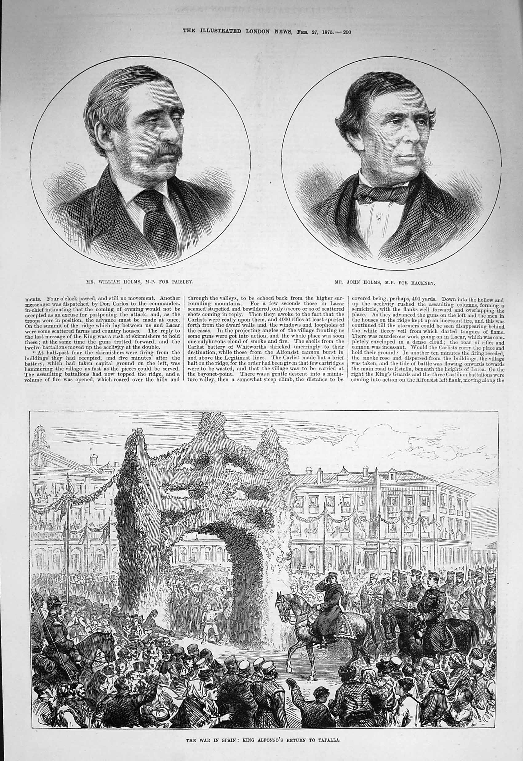 Original Old Antique Print 1875 Holms Paisley Hackney War Spain King Alfonso