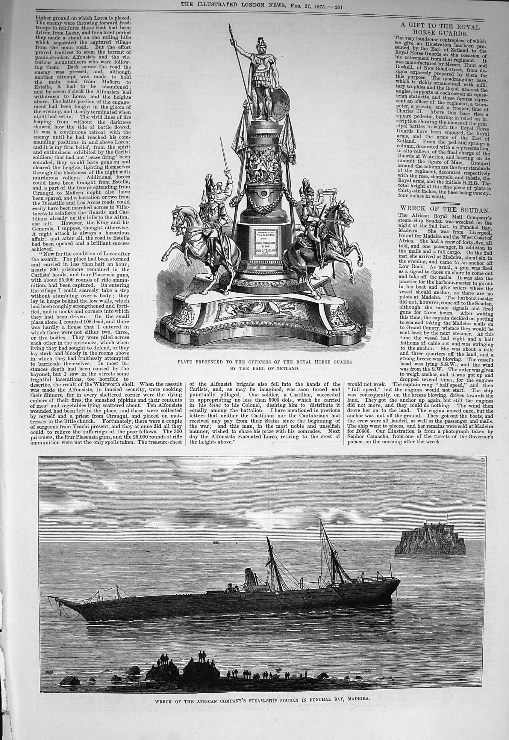 Original Old Antique Print 1875 Ship Wreck Soudan Funchal Madeira Earl Zetland