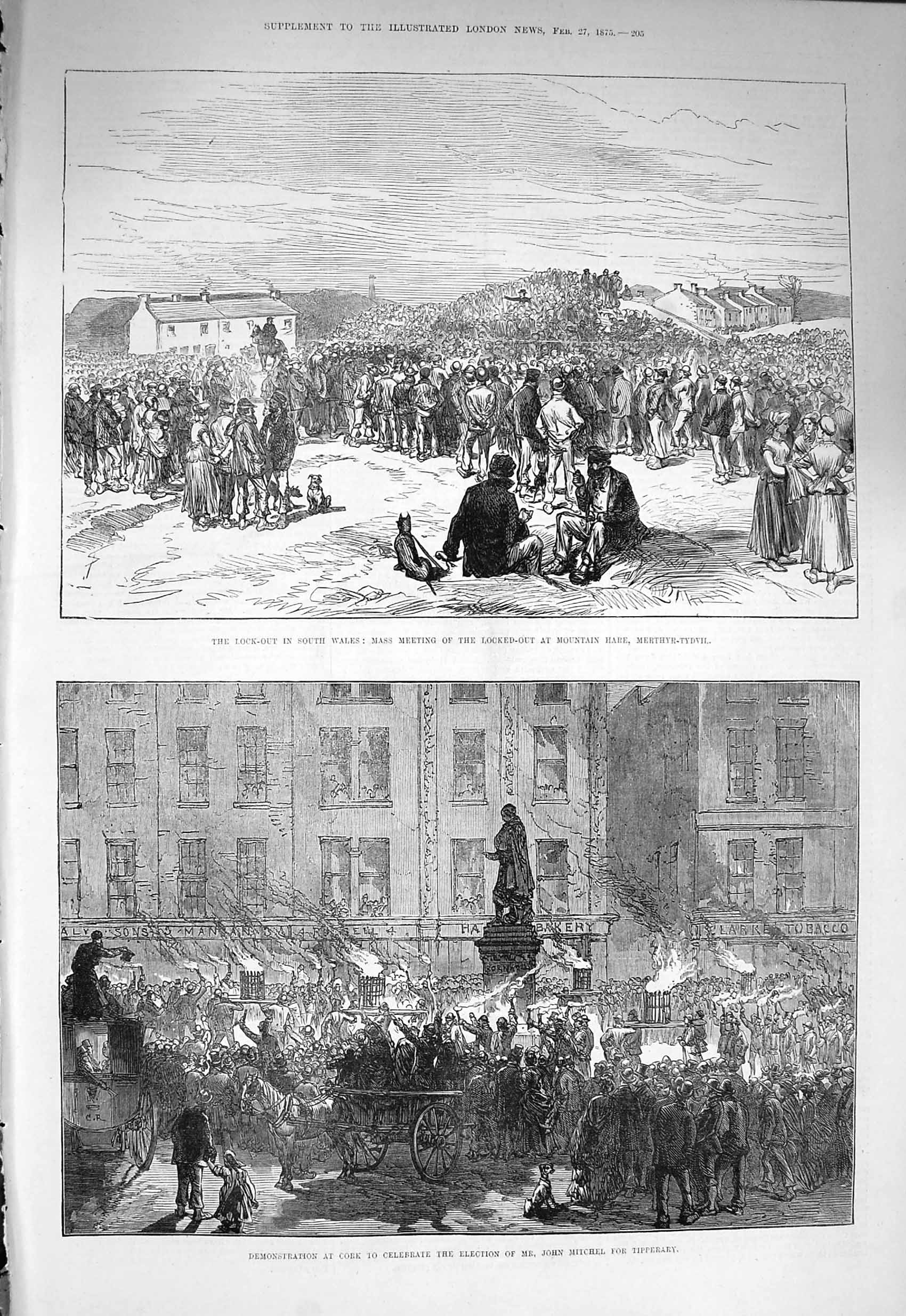 Original Old Antique Print 1875 Lock-Out Wales Merthyr-Tydvil Mitchel Tipperary